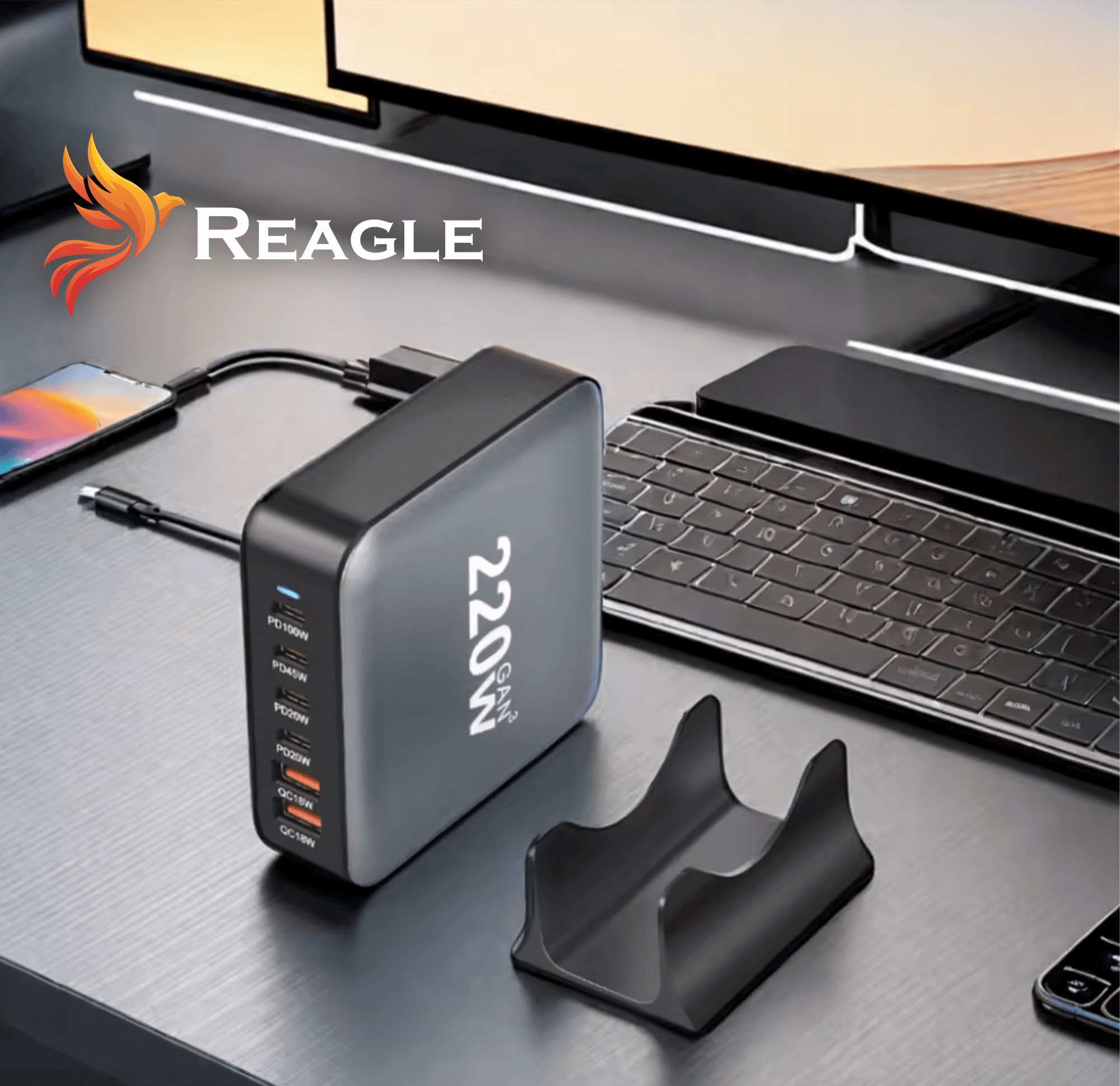 REAGLE SZYBKA ŁADOWARKA GaN 220W PD 4x USB C 2x QC 3.0 DO LAPTOPA IPHONE 100W MAC_3