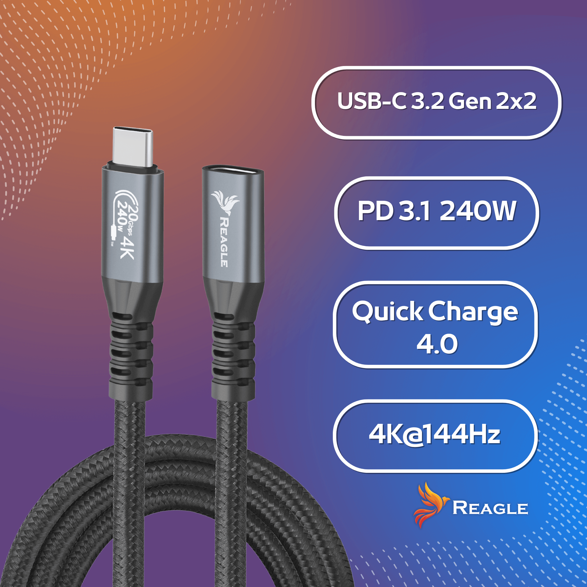 REAGLE Przedłużacz USB-C 3.2 Thunderbolt 100W 4K 60Hz Kabel 10 Gb/s 0,5M_1