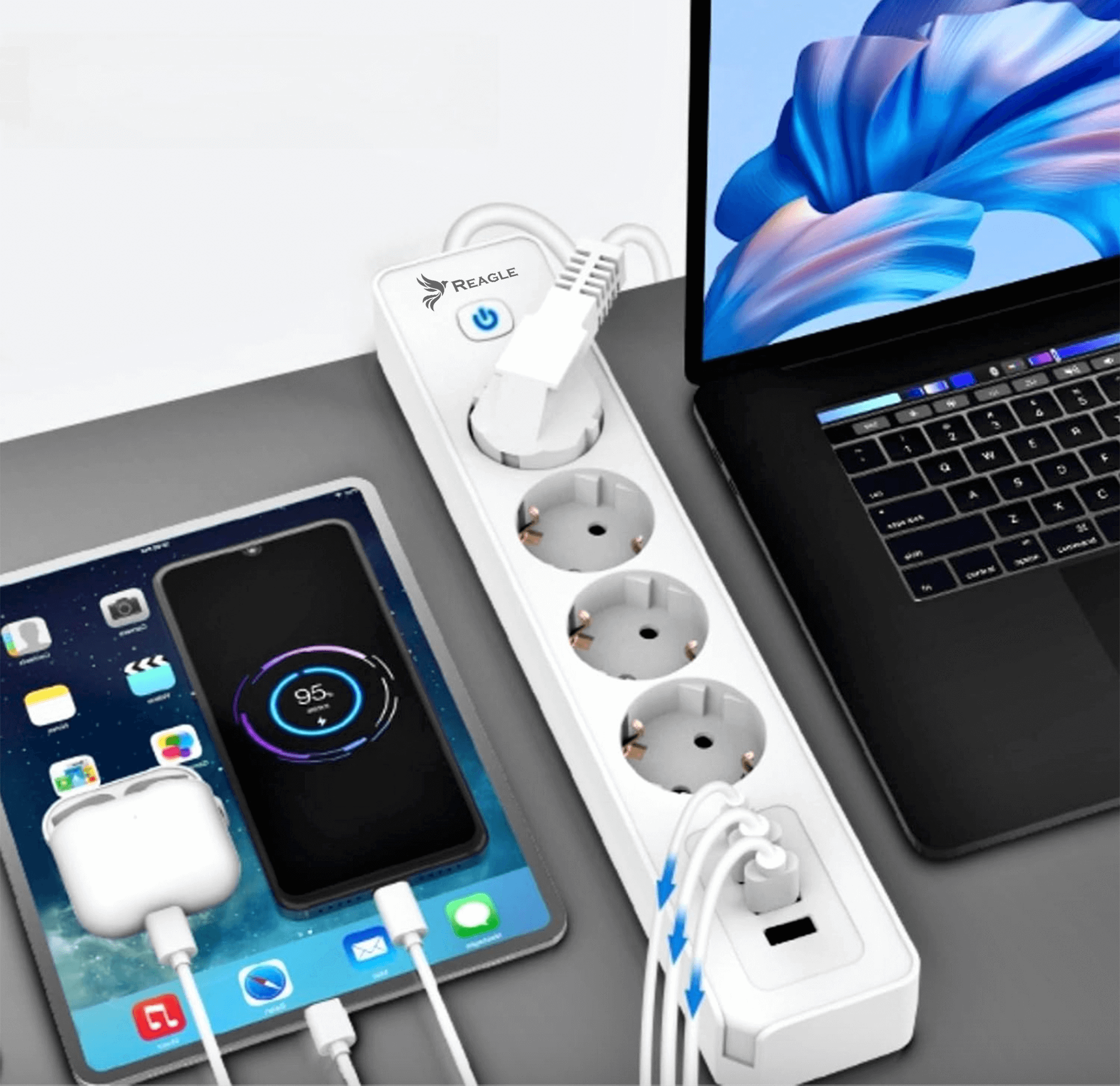 REAGLE LISTWA ZASILAJĄCA 1,5M 4 GNIAZDA 4x USB 5V 3.4A USB-C ANTYPRZEPIĘCIOWA_1