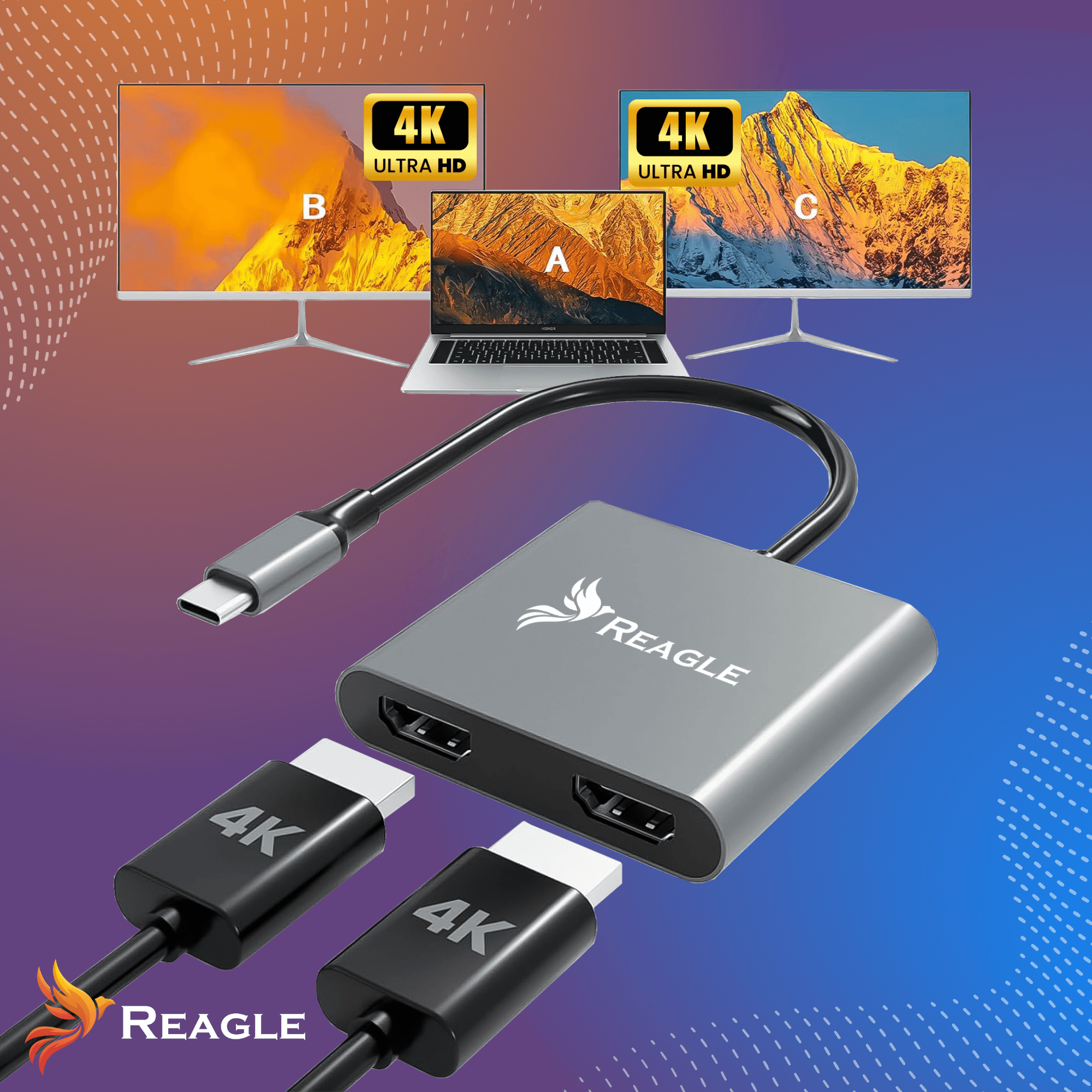 Adapter Hub Przejściówka HDMI 2x 4K 60Hz Full HD 165Hz USB-C 3.2 MST HDCP Reagle_2