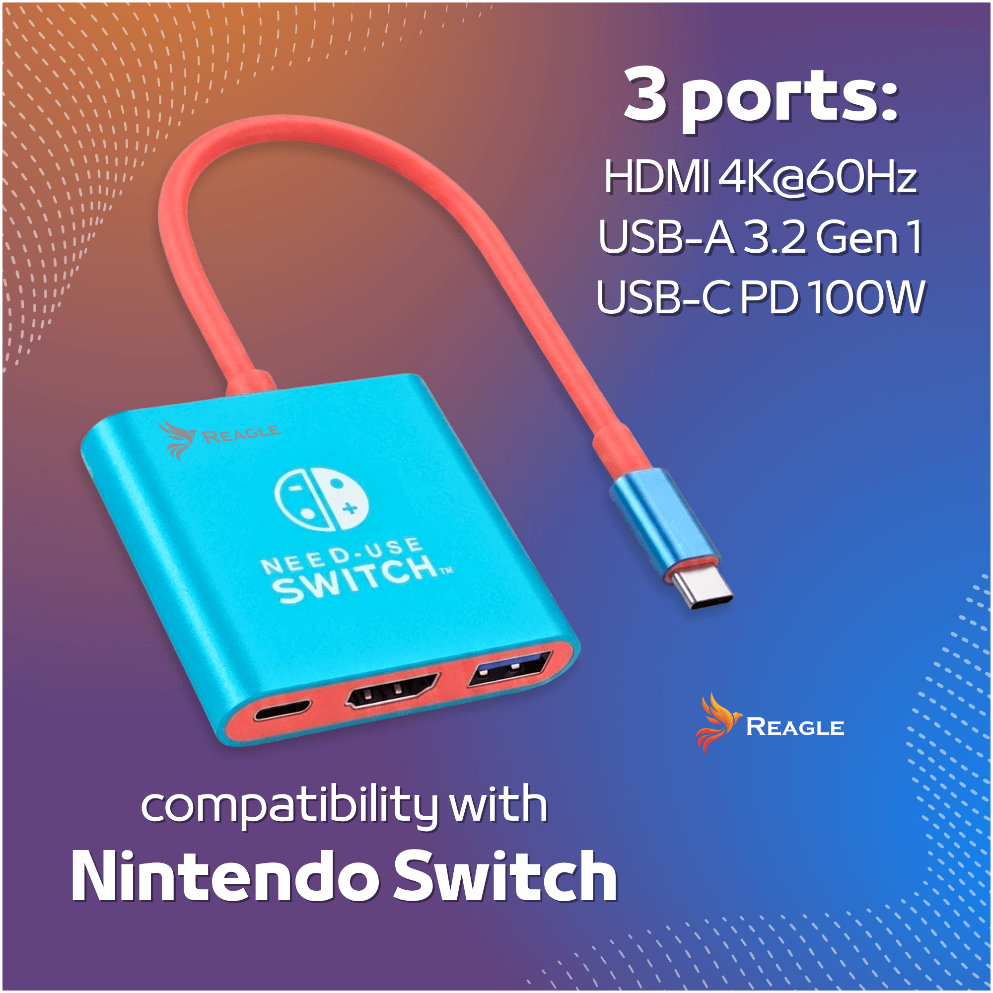 Adapter USB-C HDMI 4K 60Hz PD 100W USB 3.0 Nintendo Switch 2