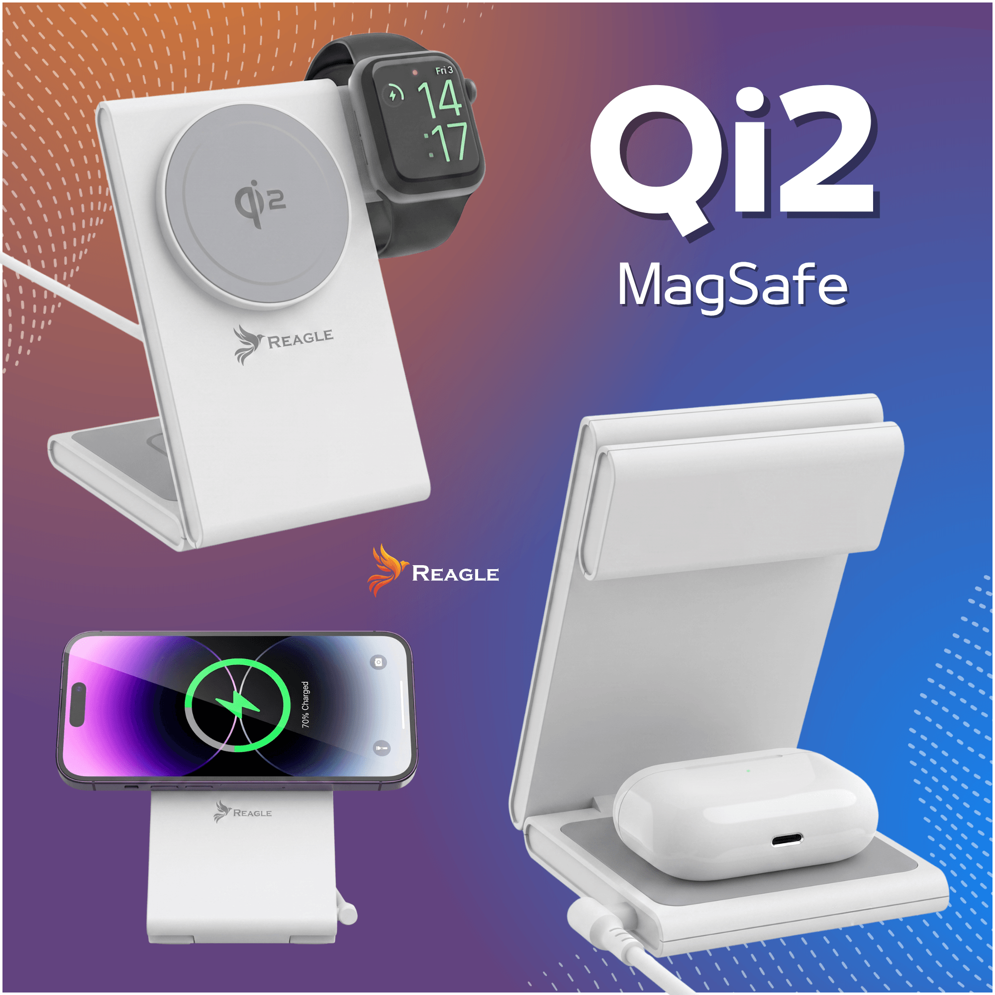 Ładowarka indukcyjna MagSafe Qi2 15W 3w1 biała RCHARW51W
