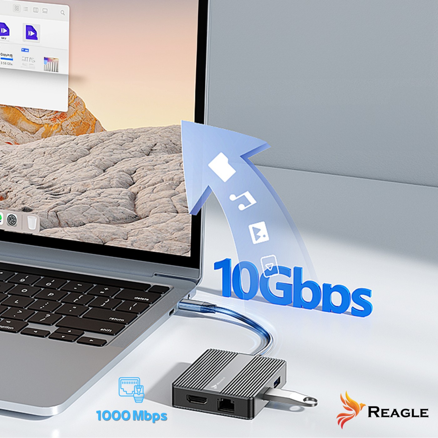 Hub USB-C Reagle 7w1 2x HDMI 4K 60Hz PD 100W USB 3.2 LAN RJ45