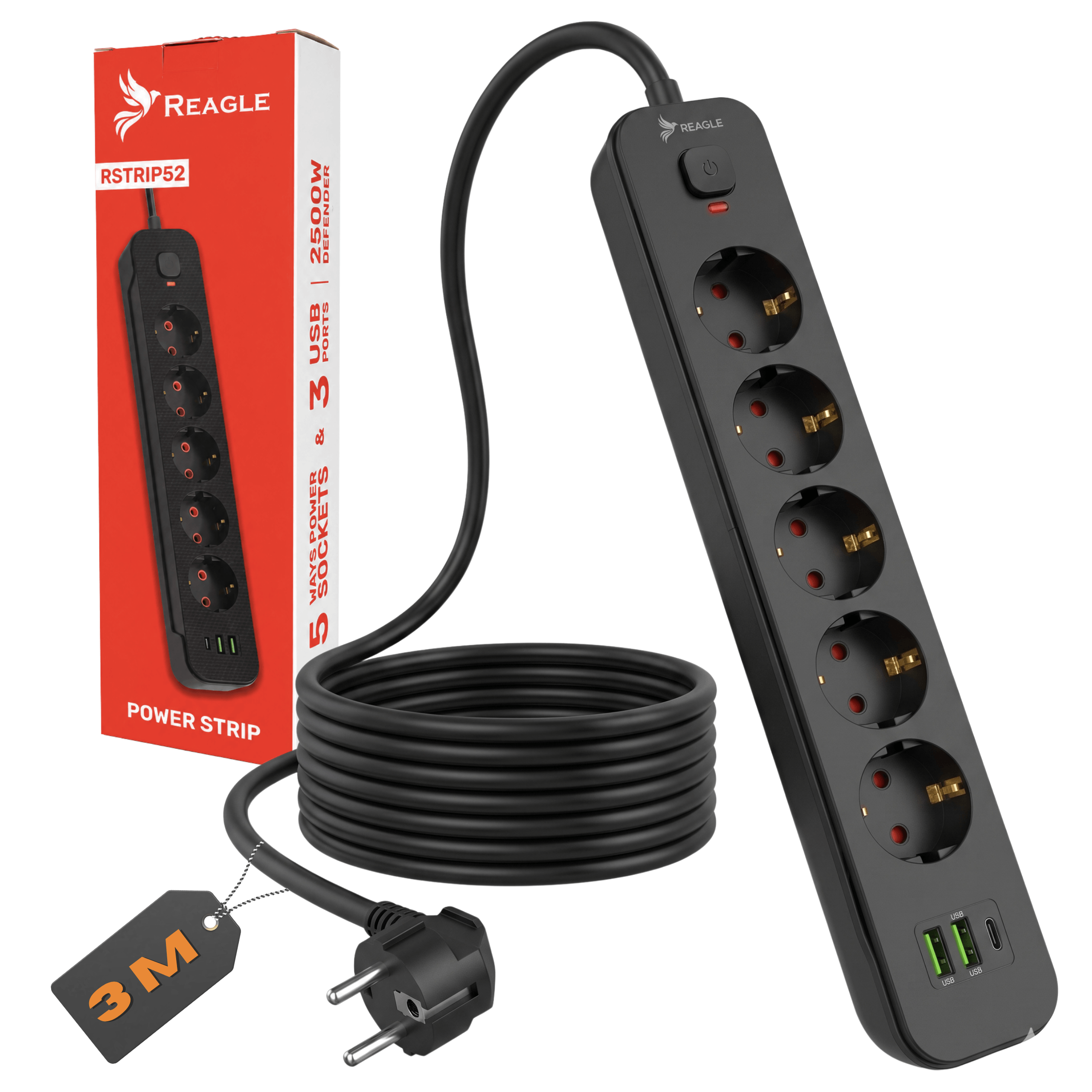 Przedłużacz 3 m 5 gniazd 3x USB czarny