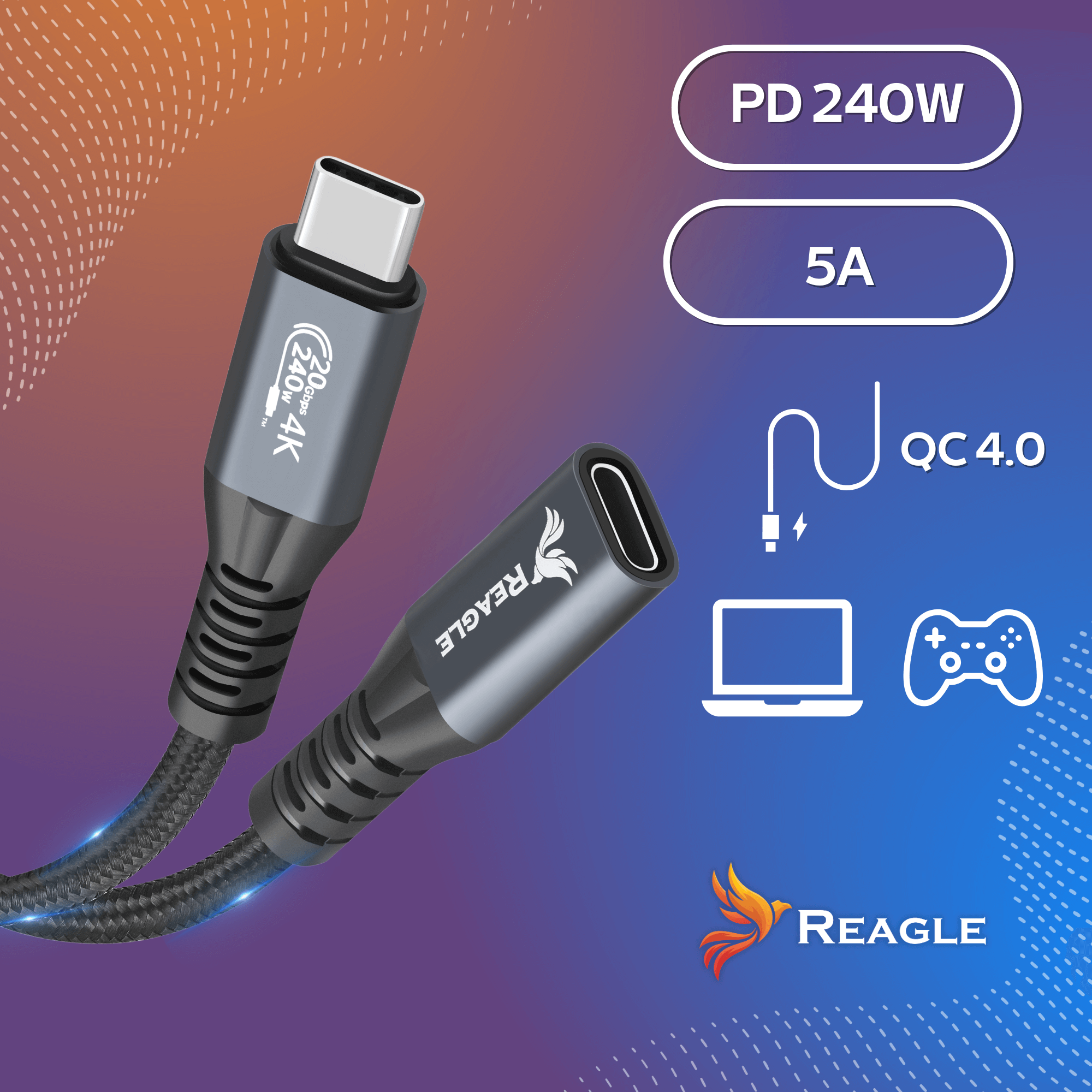 REAGLE Przedłużacz USB-C 3.2 Thunderbolt 100W 4K 60Hz Kabel 10 Gb/s 0,5M_2