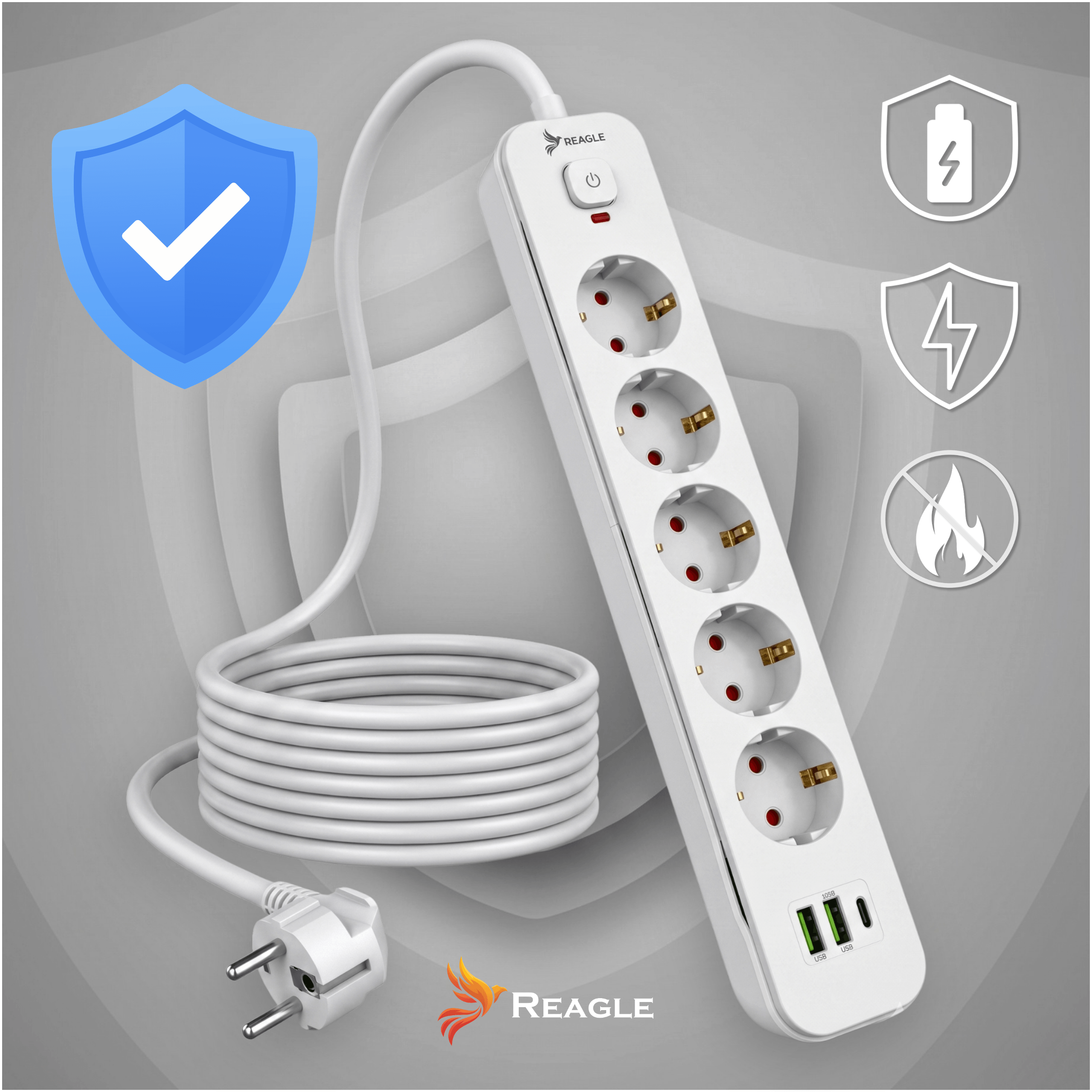 Przedłużacz 3 m 5 gniazd 3x USB biały