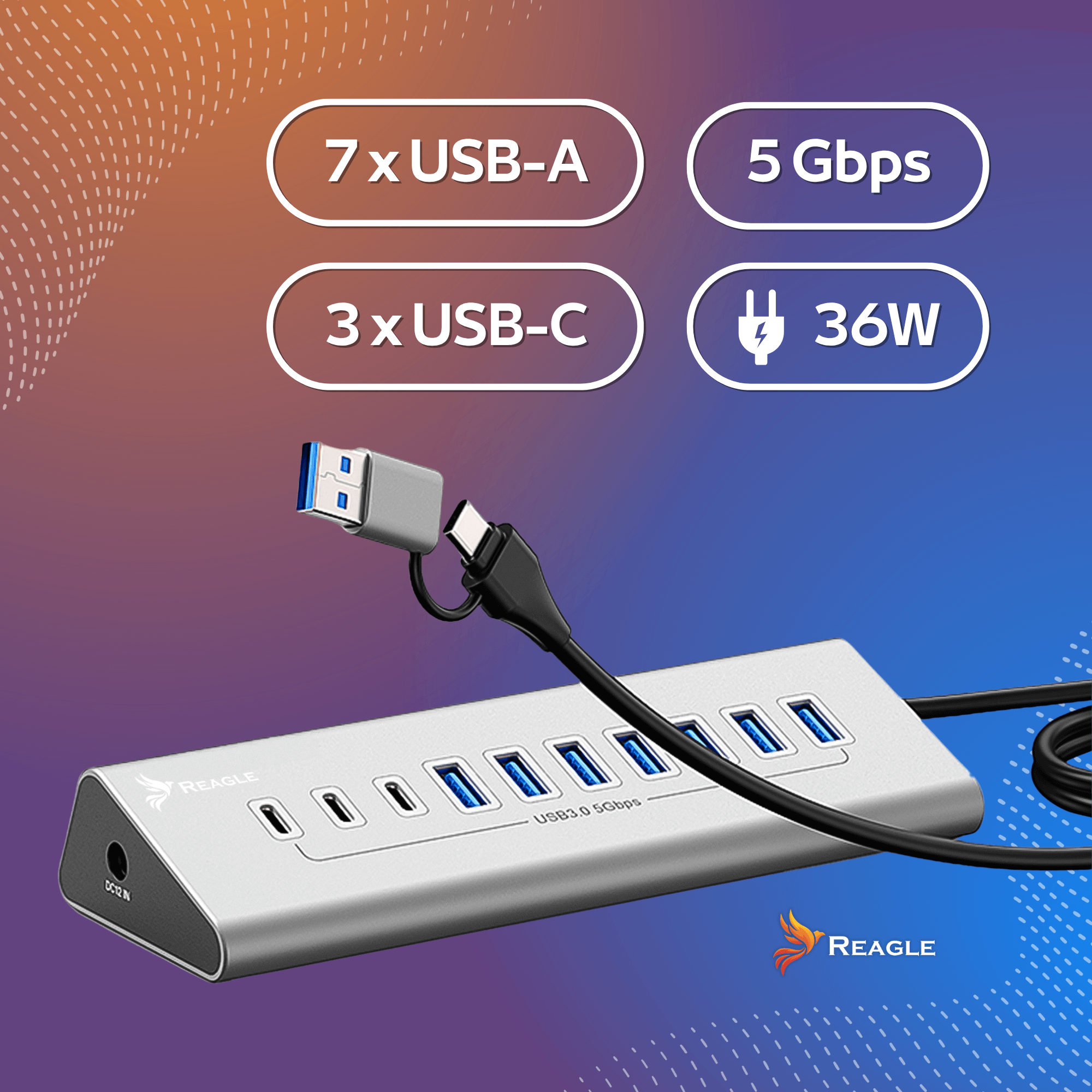 USB HUB AKTIV MIT NETZTEIL 36W 10 PORT USB 3.2 SPLITTER SPLITTER REAGLE_2