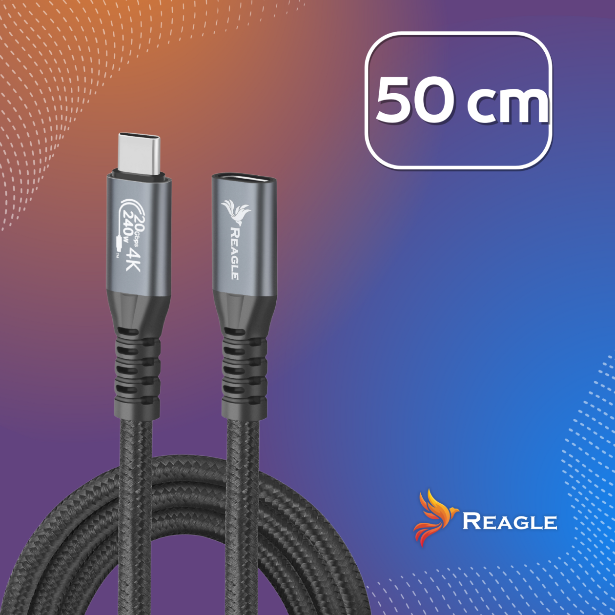 REAGLE Przedłużacz USB-C 3.2 Thunderbolt 100W 4K 60Hz Kabel 10 Gb/s 0,5M_3