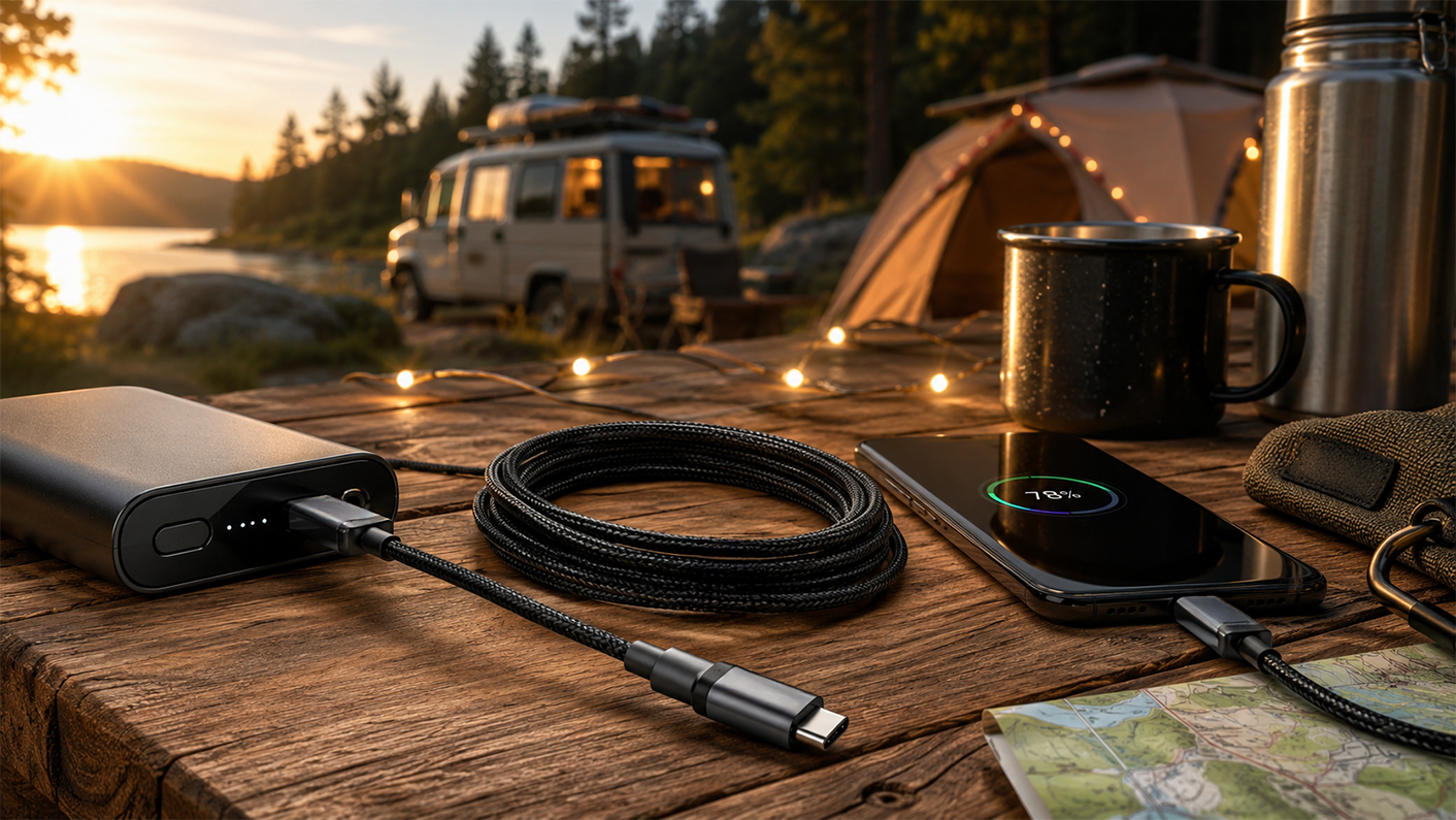 Kabel USB-C Reagle w podróży z powerbankiem i telefonem