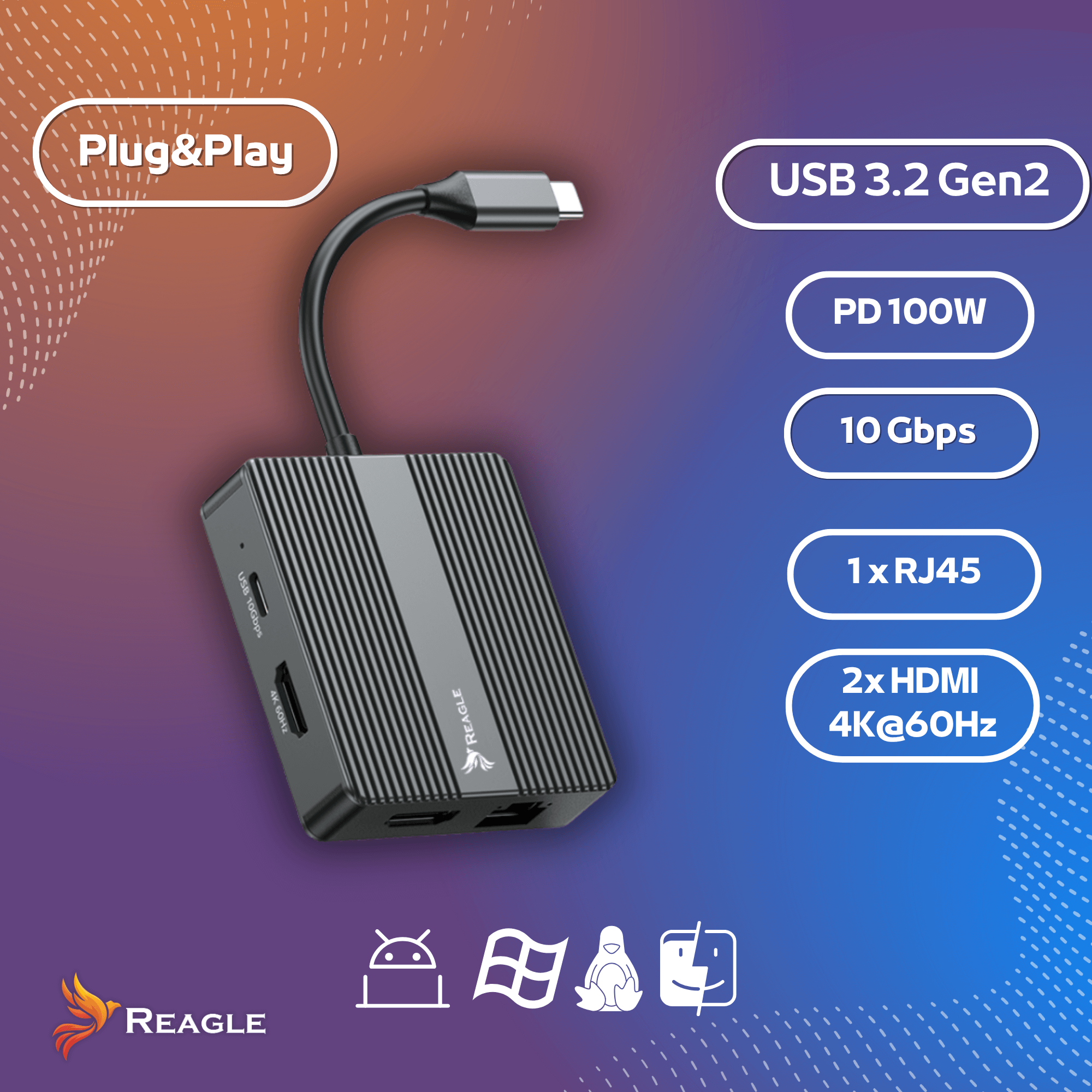 Hub USB-C Reagle 7w1 2x HDMI 4K 60Hz PD 100W USB 3.2 LAN RJ45