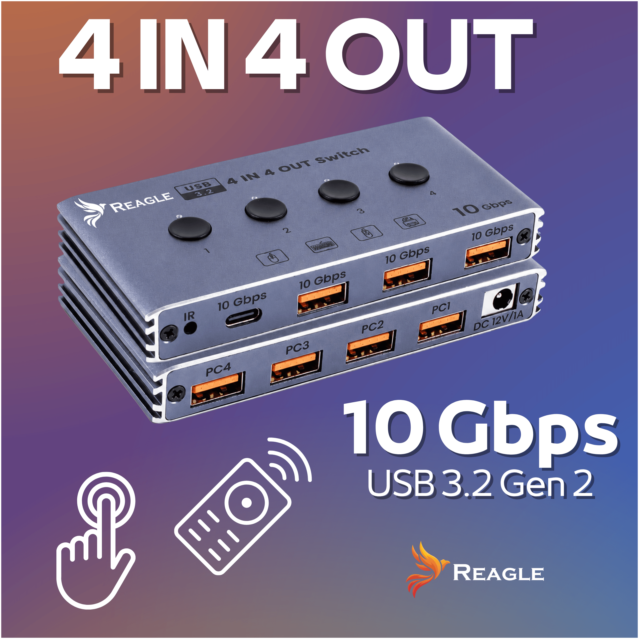 Przełącznik Switch USB 3.2 10Gbps KVM 4x4 z pilotem i 4 porty USB HUB