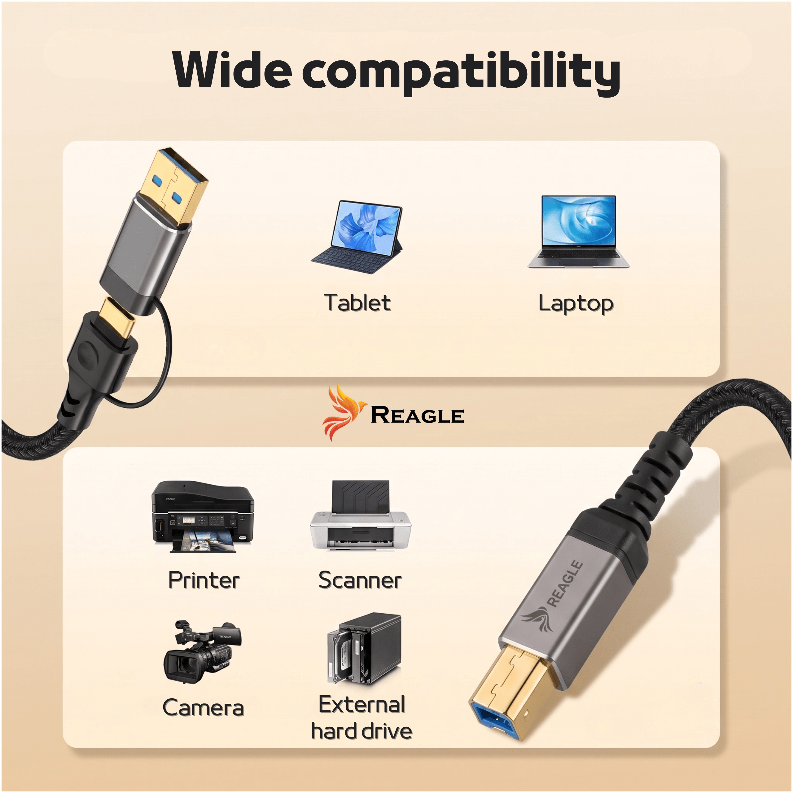 Kabel USB 2w1: USB-A do USB-B i USB-C, 50 cm