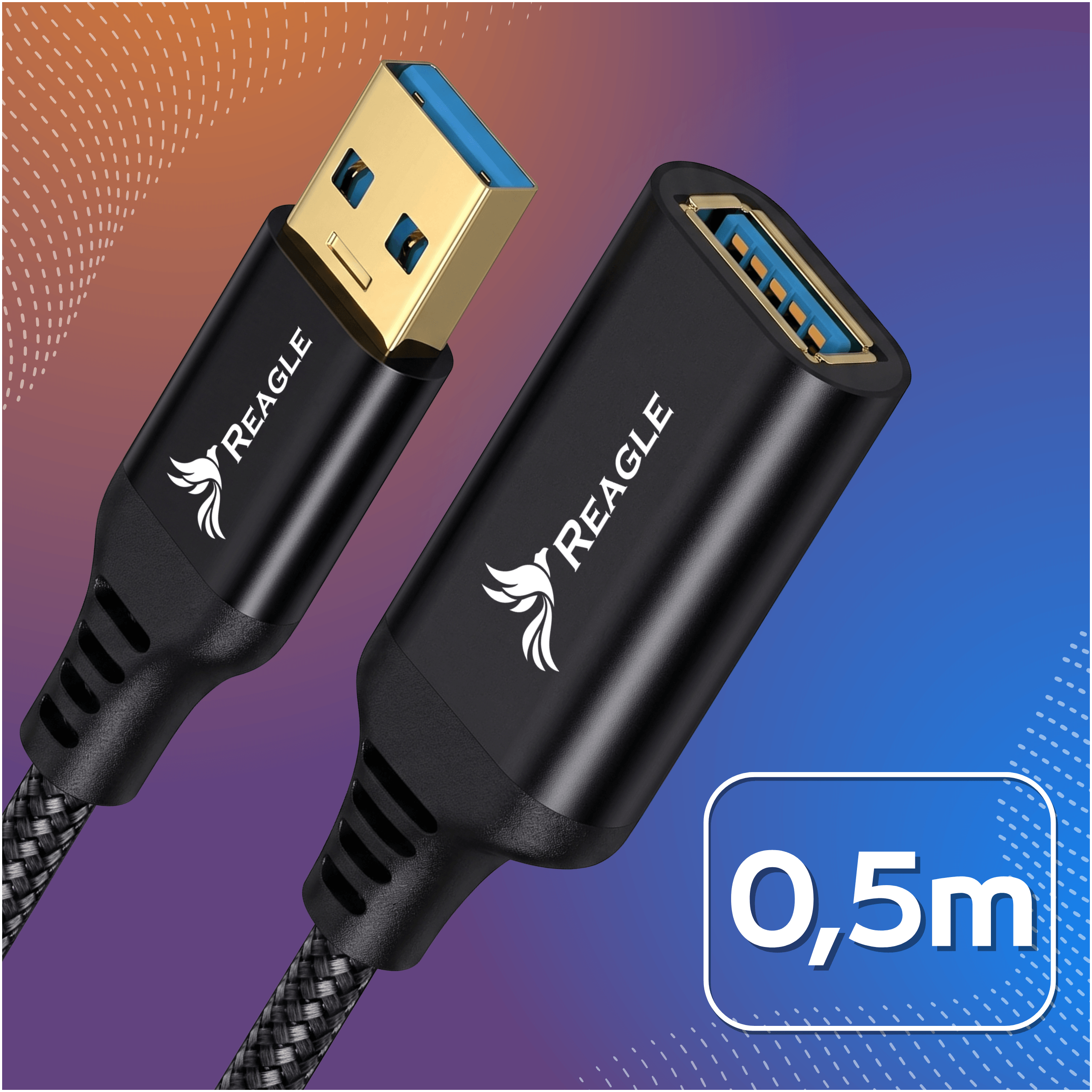 Reagle RPA50P wtyk USB-A i port USB-A żeński, pozłacane styki, kabel 0,5 m