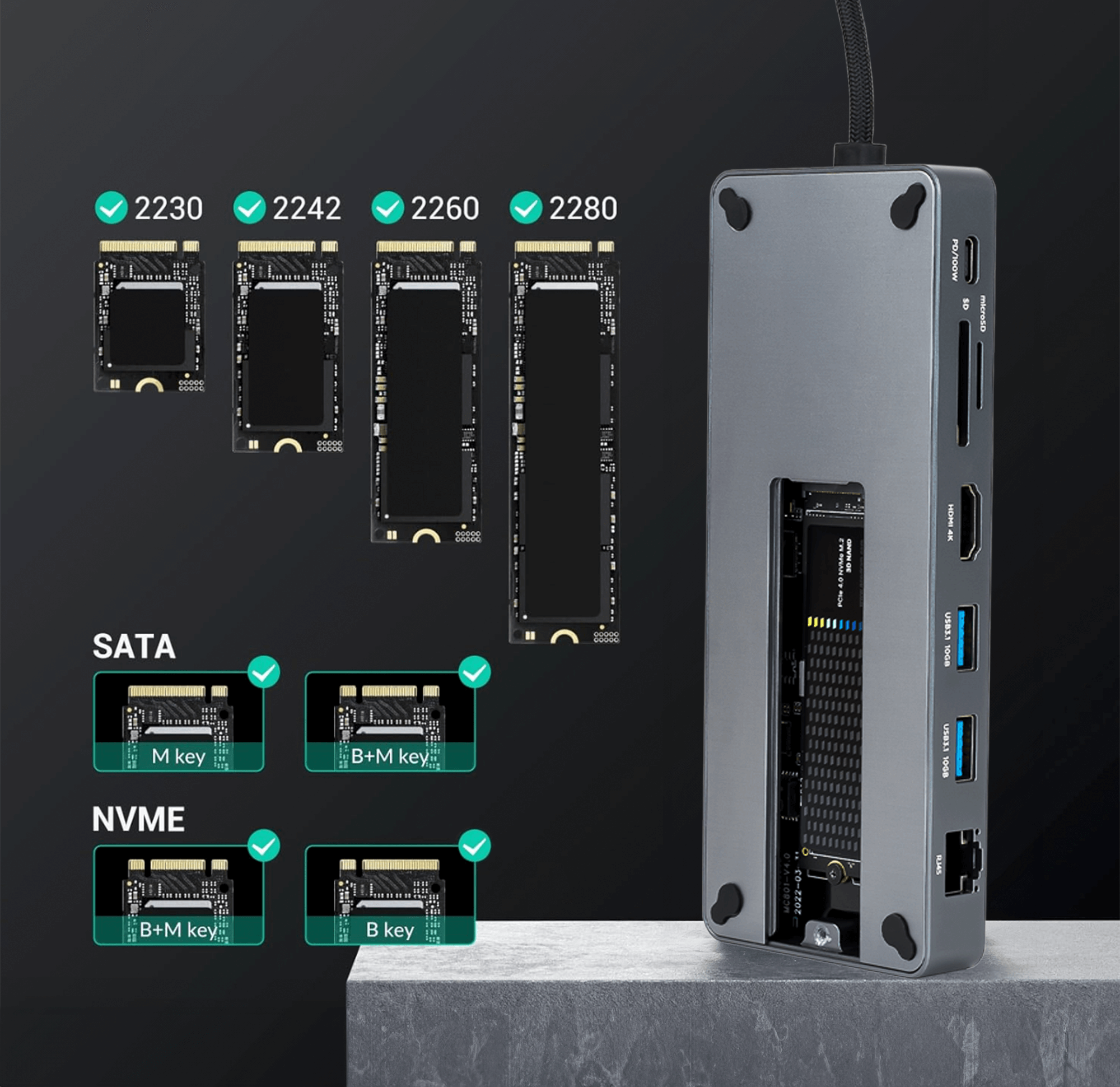 Reagle Hub 2-in-1 USB A C mit SSD NVMe SATA M.2 Gehäuse mit HDMI Ethernet PD100W_2