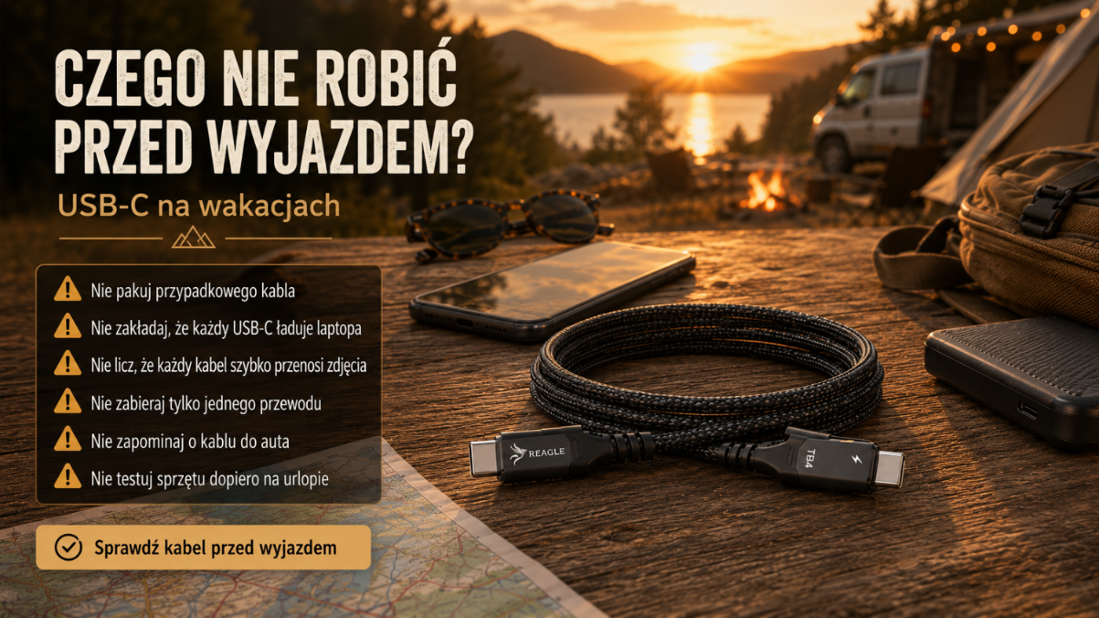 Kabel USB-C Reagle w podróży z powerbankiem i telefonem
