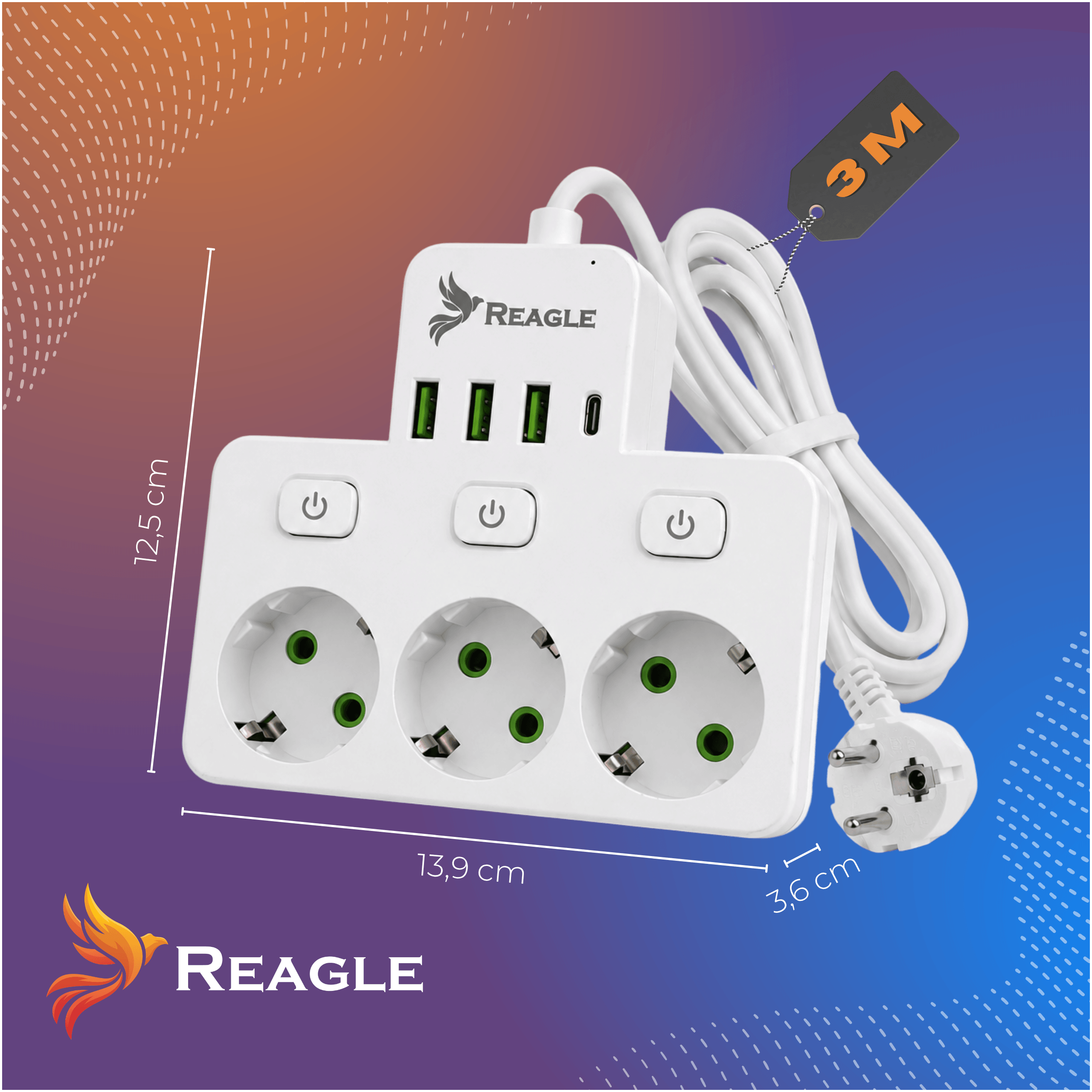 Listwa zasilająca 3 m 3 gniazda 3x USB 1x USB-C biały