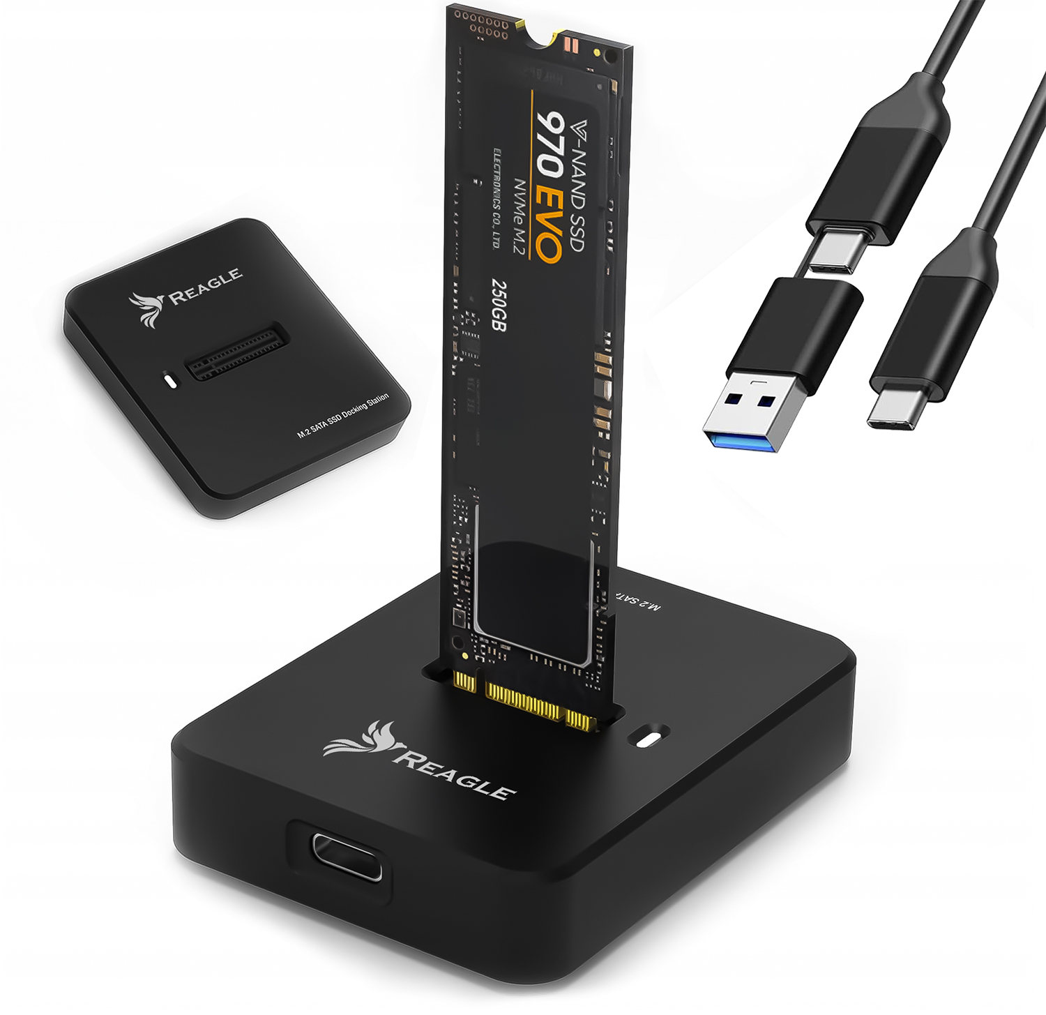 Adapter Reagle RY5M2 czarny do dysków SSD M.2 NVMe i SATA z przewodem USB-C do USB-A/C