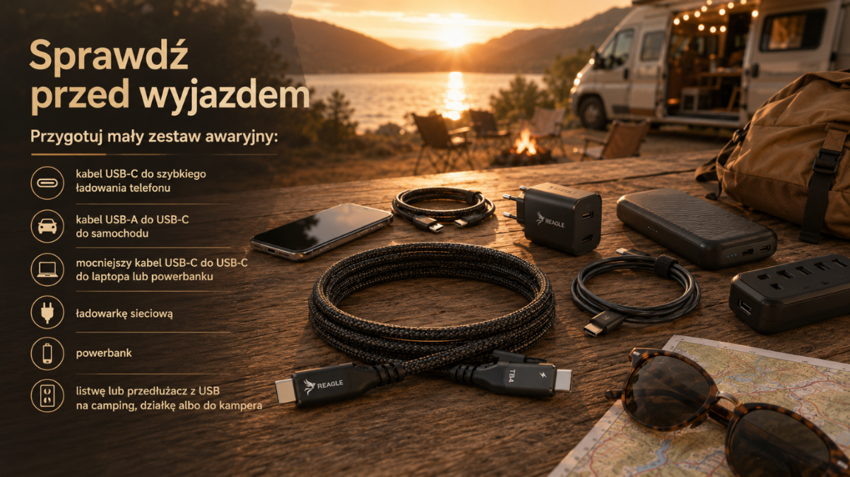 Kabel USB-C Reagle w podróży z powerbankiem i telefonem