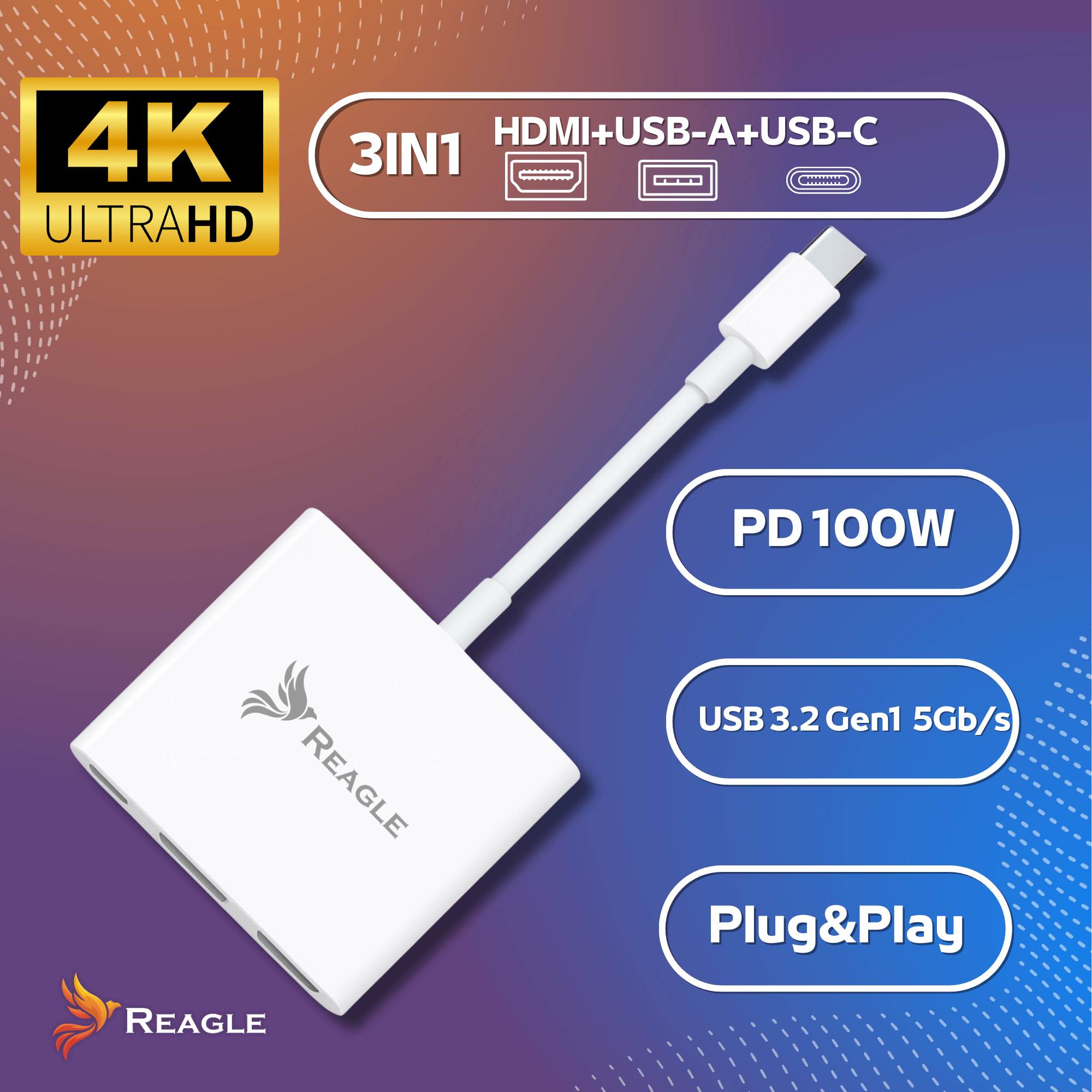 ADAPTER PRZEJŚCIÓWKA USB C MHL HDMI 4K 60Hz DO MACBOOK THUNDERBOLT AV PD 100W REAGLE_2
