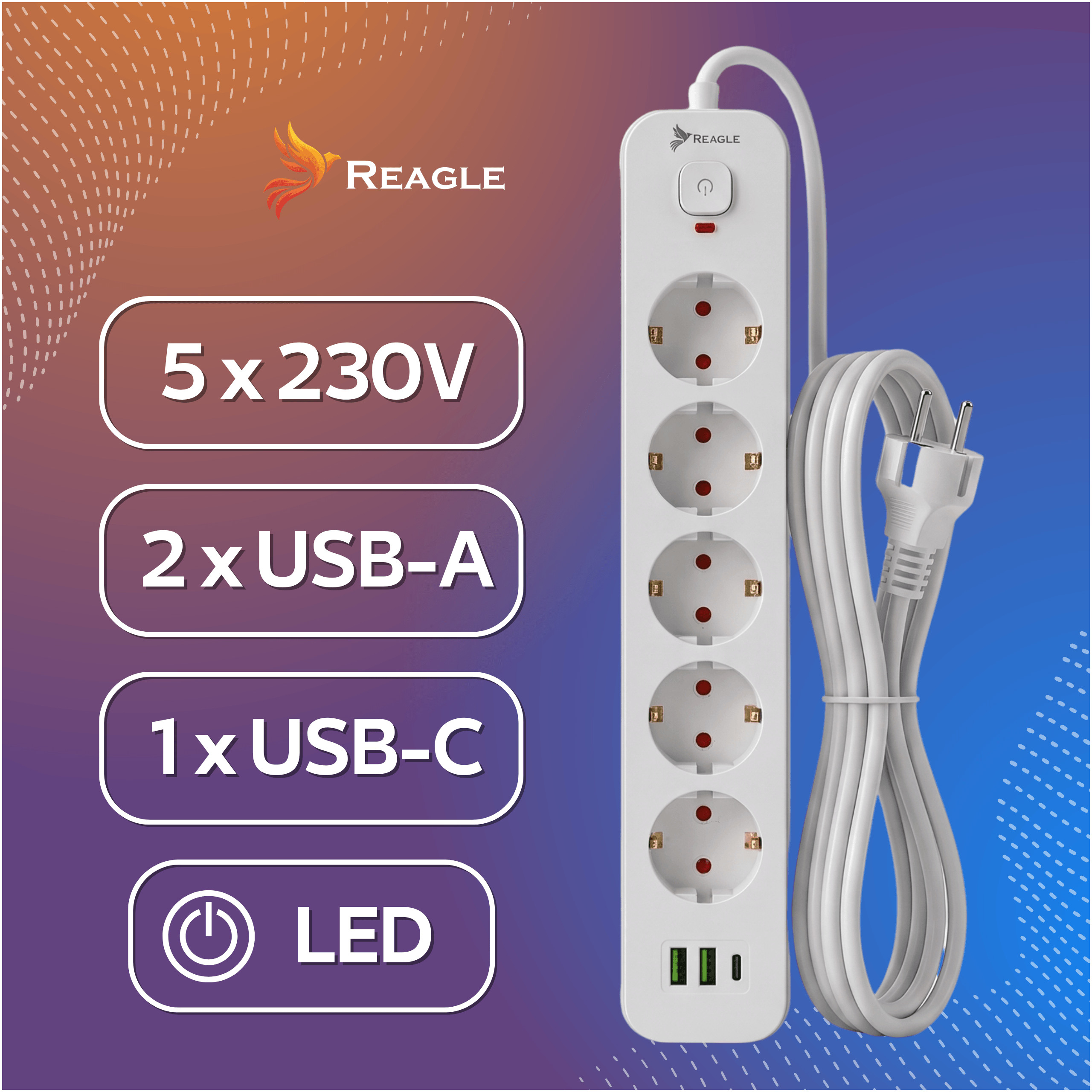 Przedłużacz 3 m 5 gniazd 3x USB biały