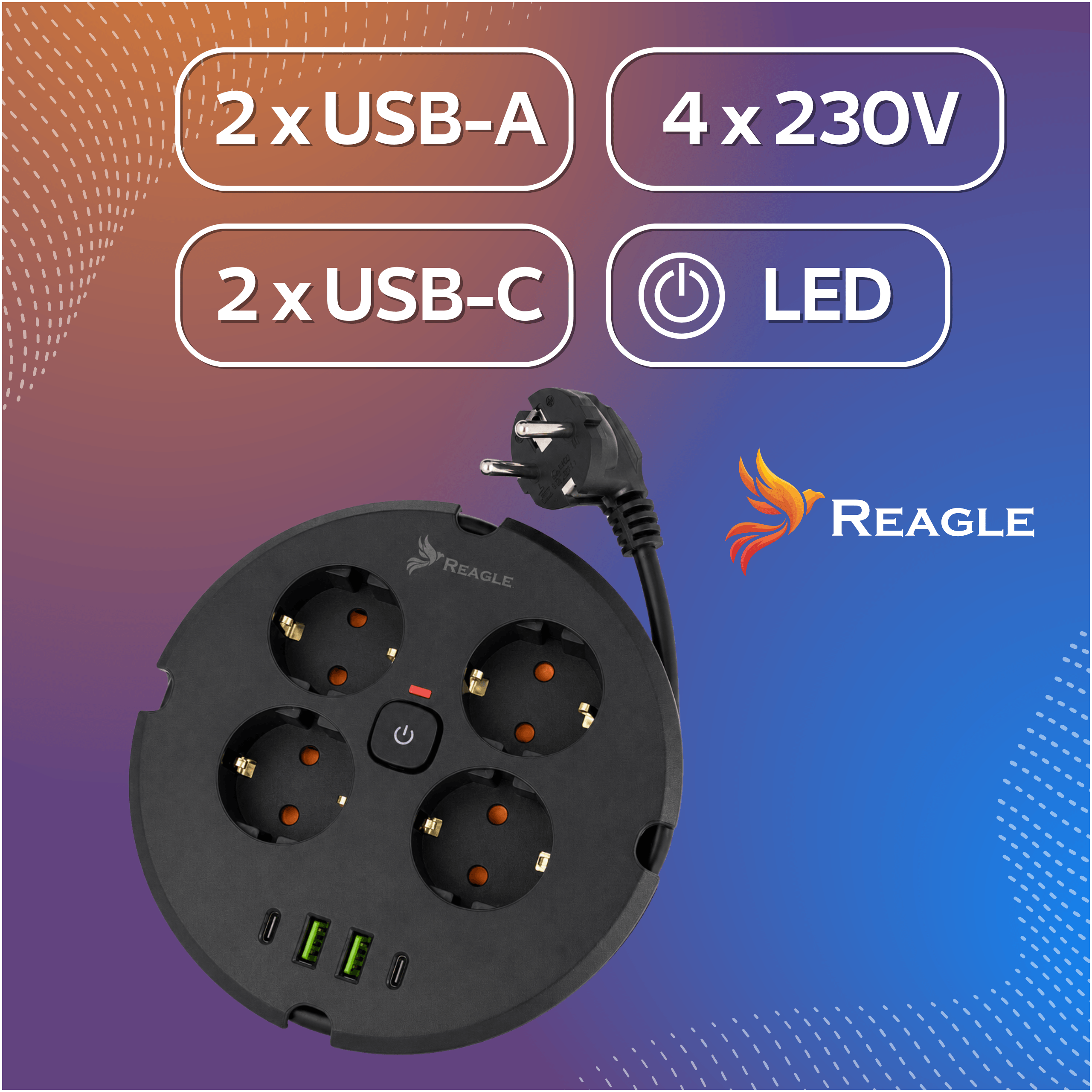 Przedłużacz / listwa antyprzepięciowa Reagle 4 gniazda 230V 2m 4x USB czarny
