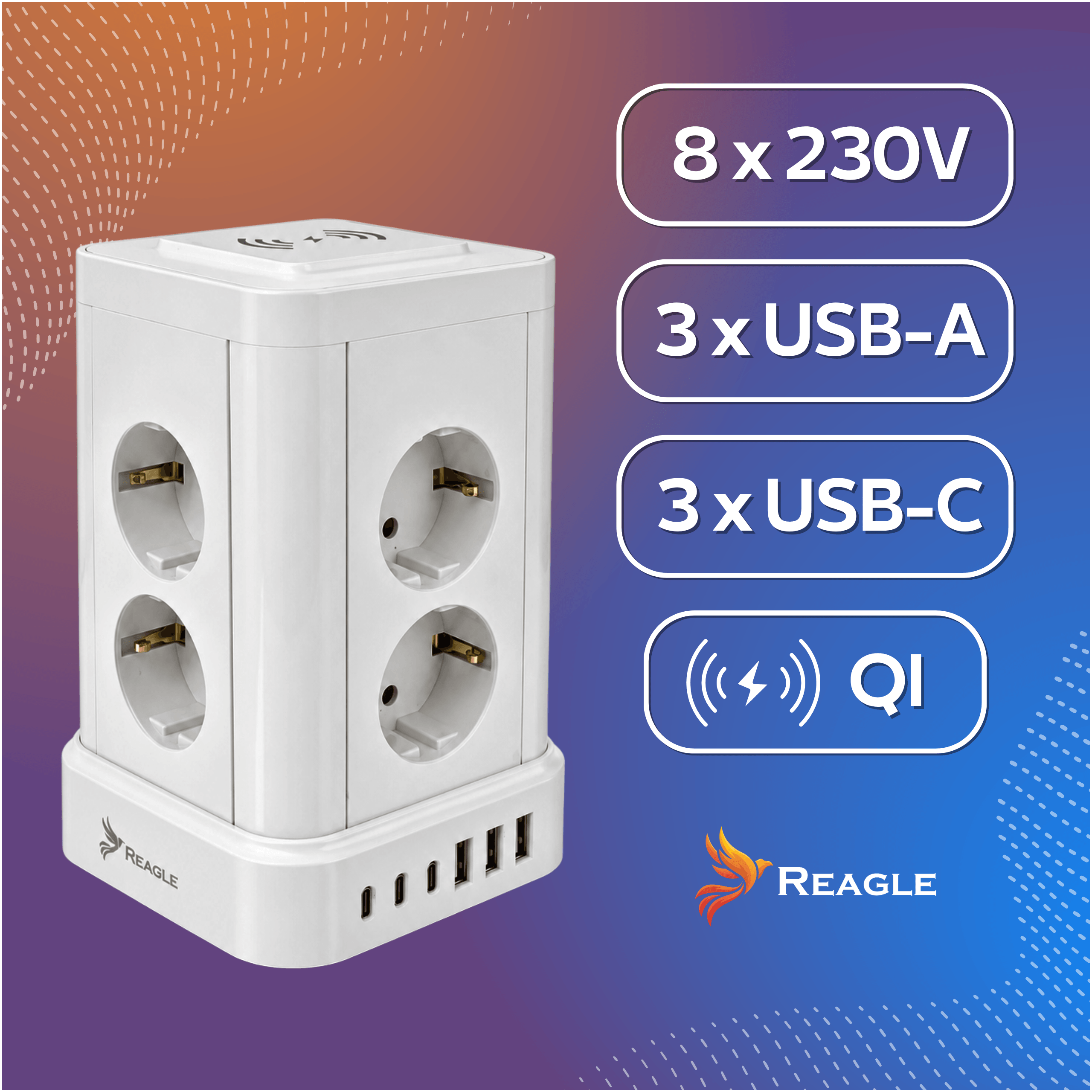 Listwa zasilająca stojąca 3 m 8 gniazd 6x USB biały