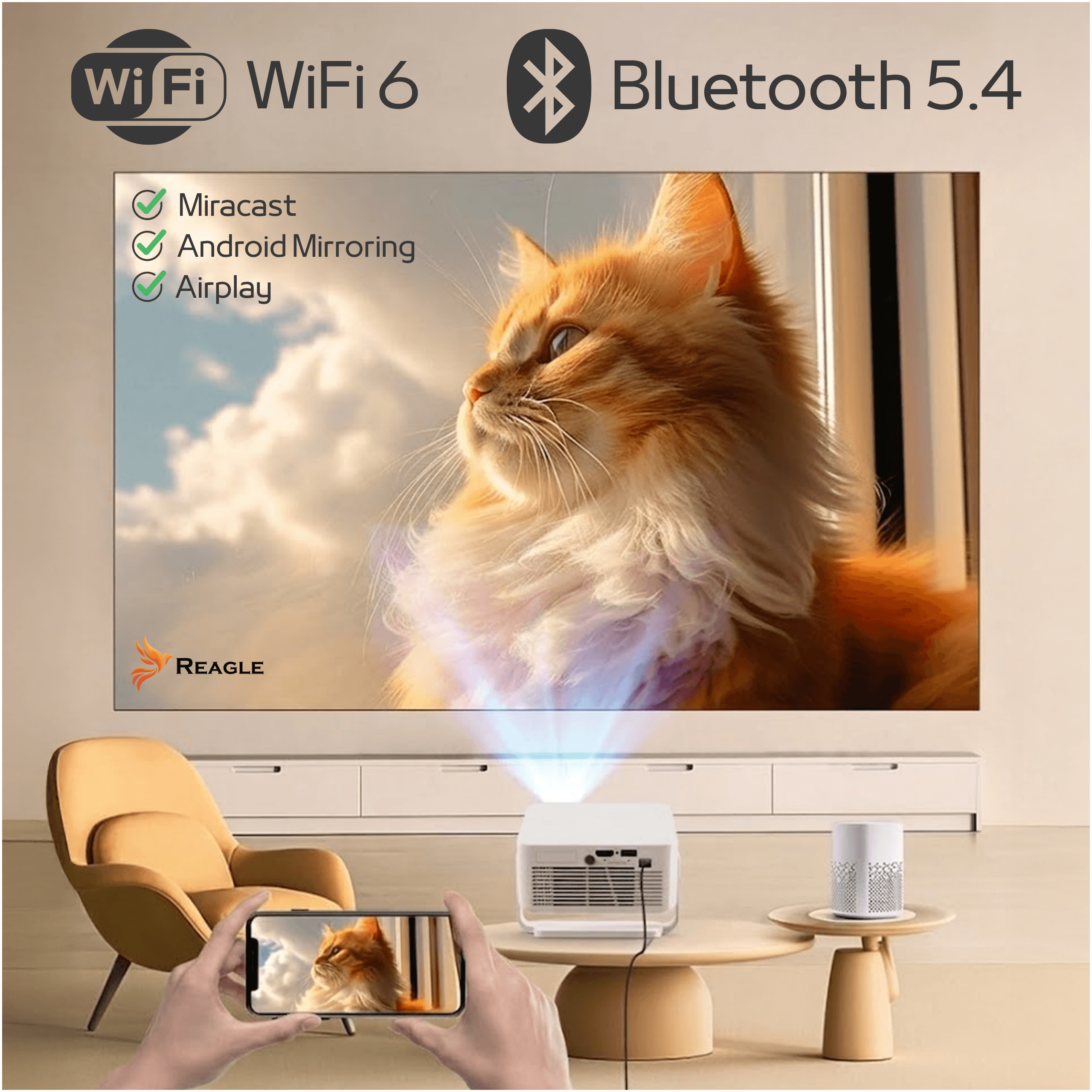 Udostępnianie obrazu telefonu dzięki Wi-Fi 6 Bluetooth 5.4 Miracast AirPlay w projektorze Reagle P21