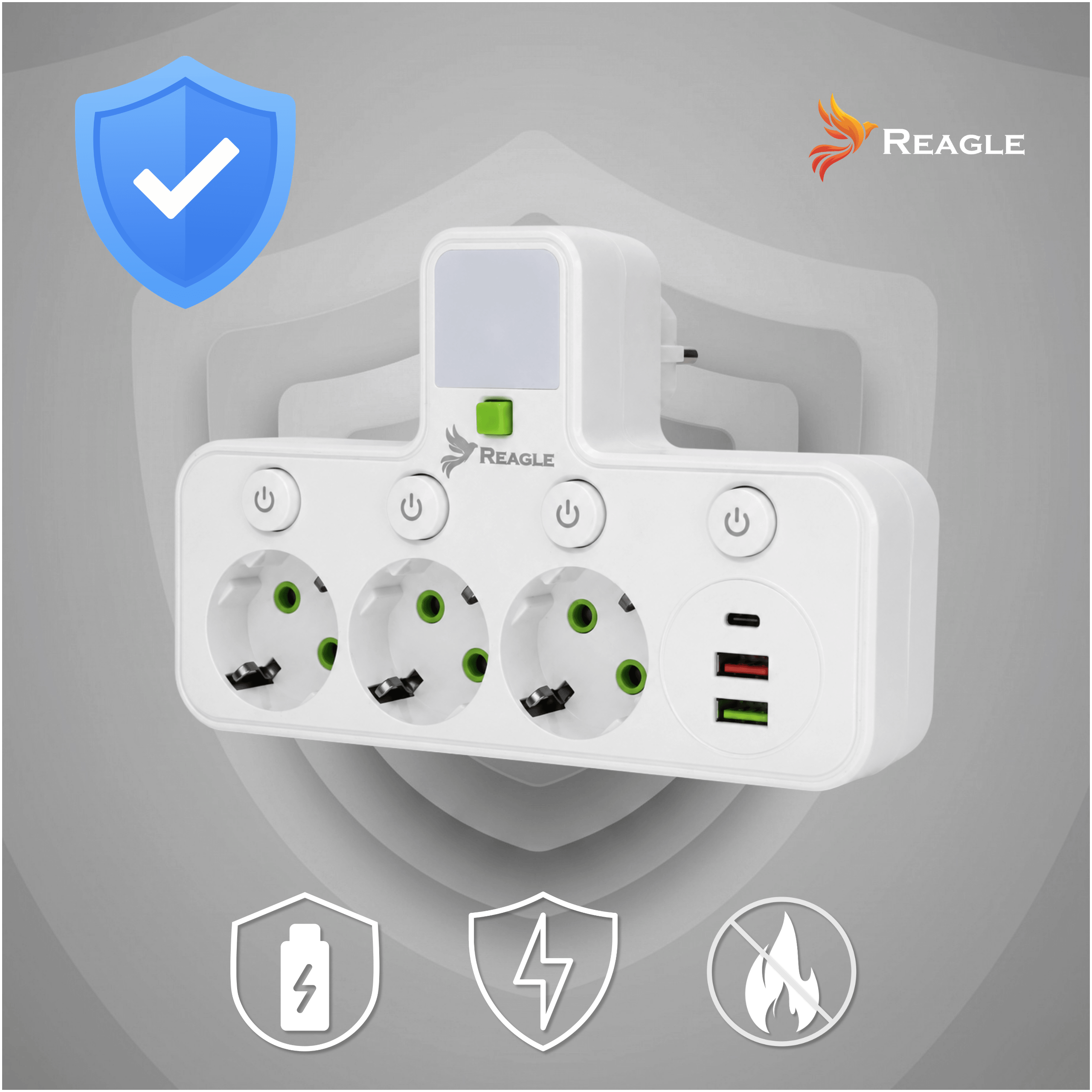 Listwa zasilająca 3 gniazda 230V 3x USB z lampką LED biały – bezpieczna