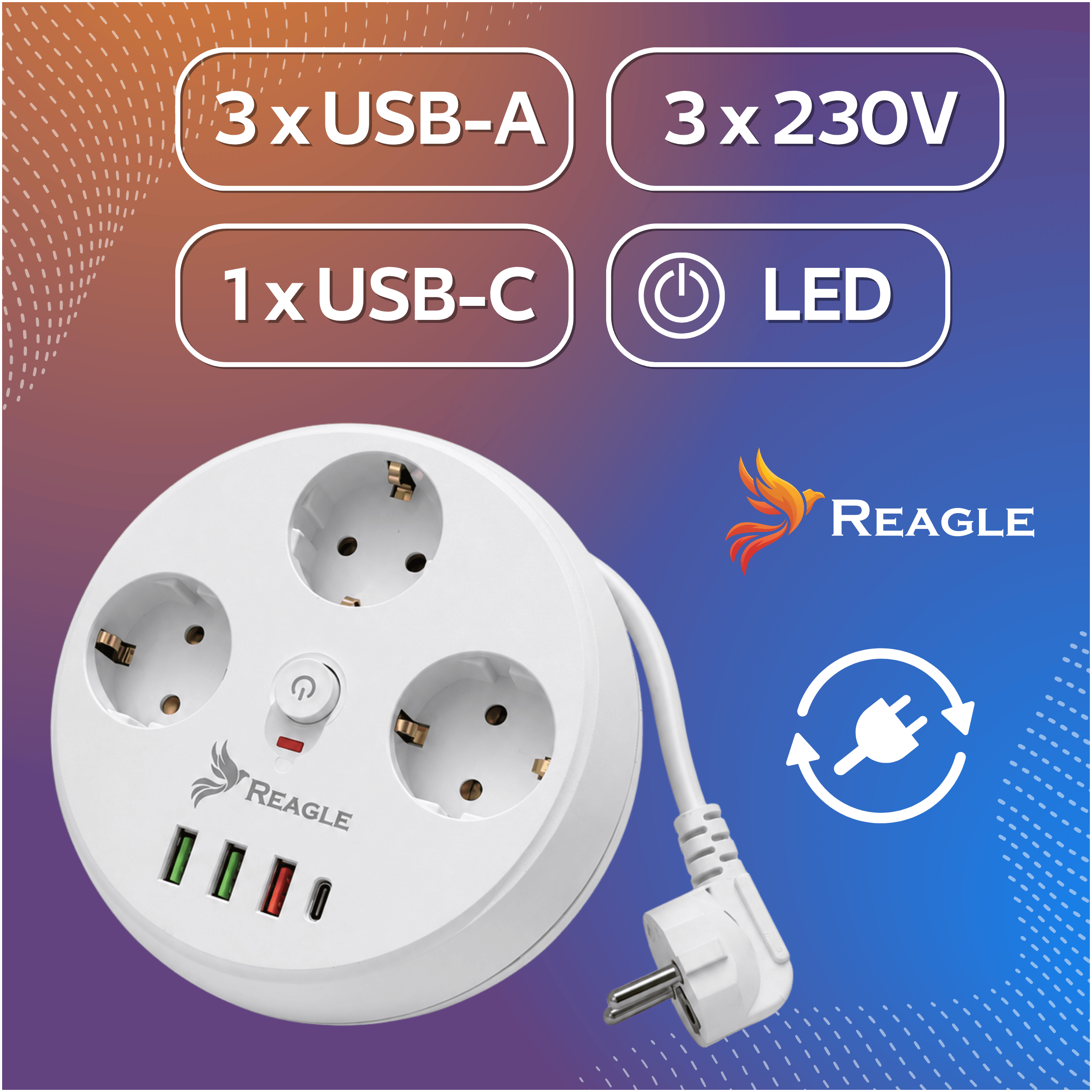 Przedłużacz 2 m 5 gniazd 4x USB biała zwijana