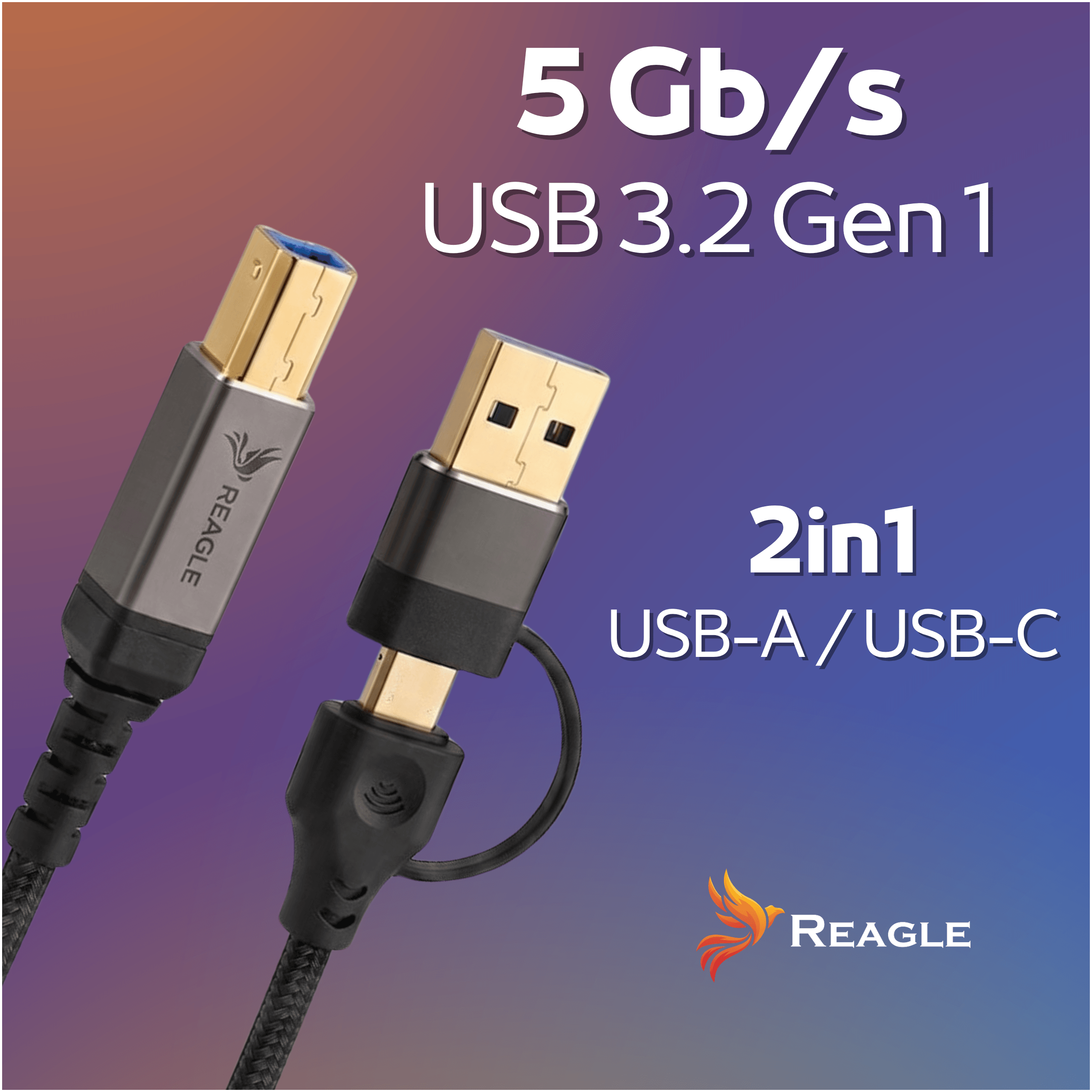 Kabel USB 2w1: USB-A do USB-B i USB-C, 50 cm