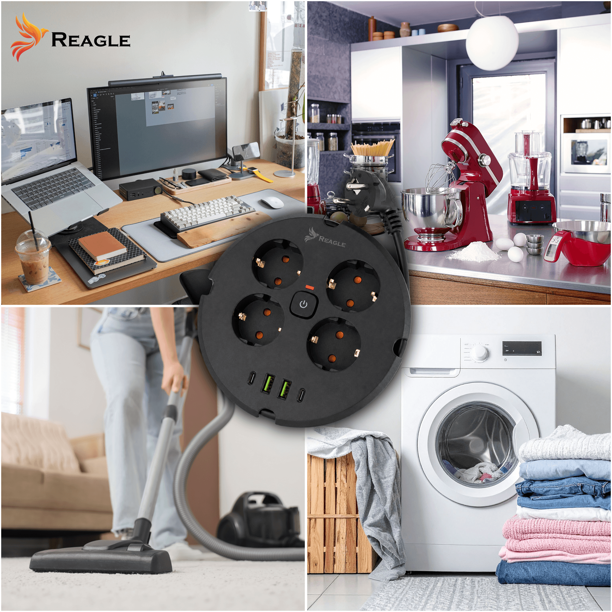 Przedłużacz / listwa antyprzepięciowa Reagle 4 gniazda 230V 2m 4x USB czarny