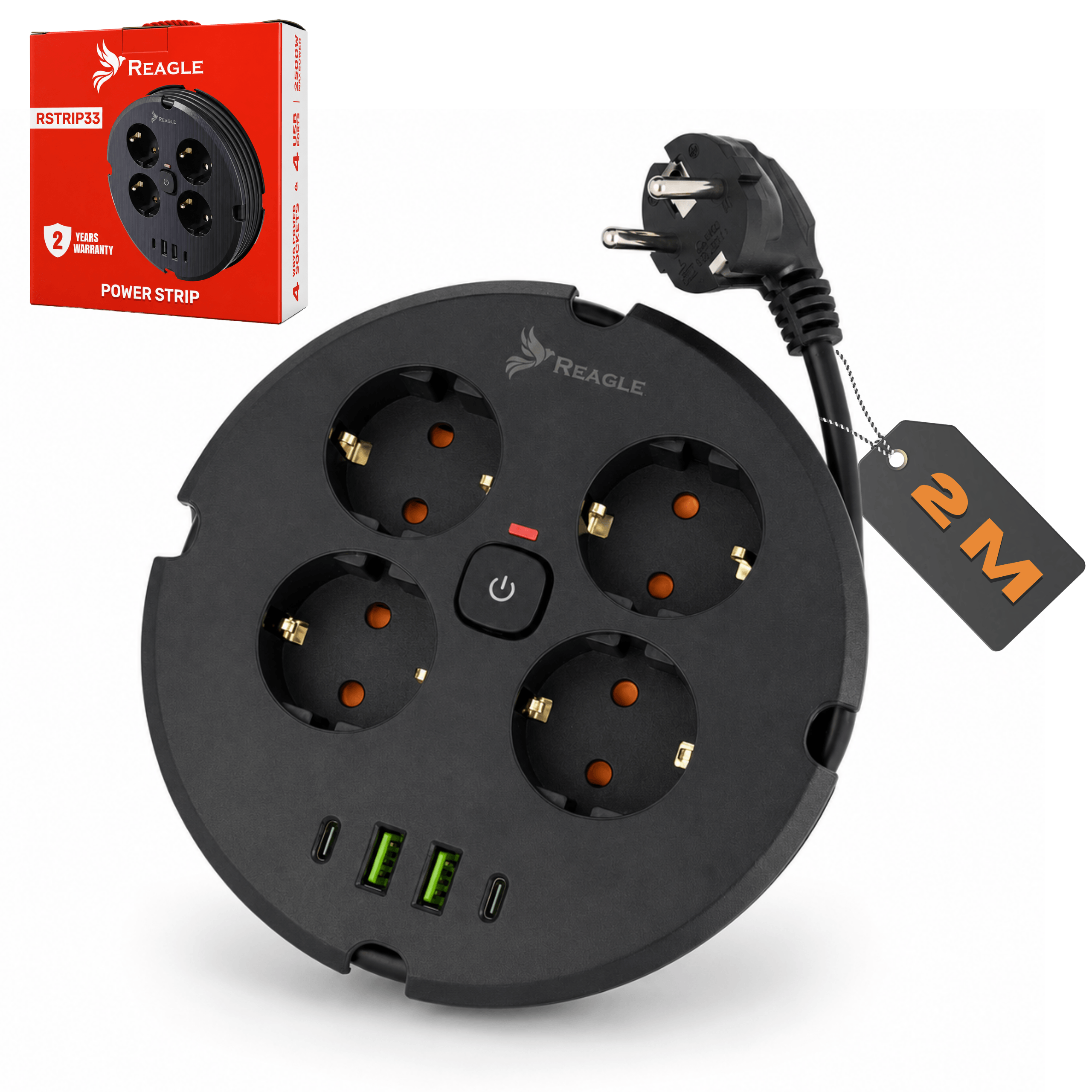 Przedłużacz / listwa antyprzepięciowa Reagle 4 gniazda 230V 2m 4x USB czarny