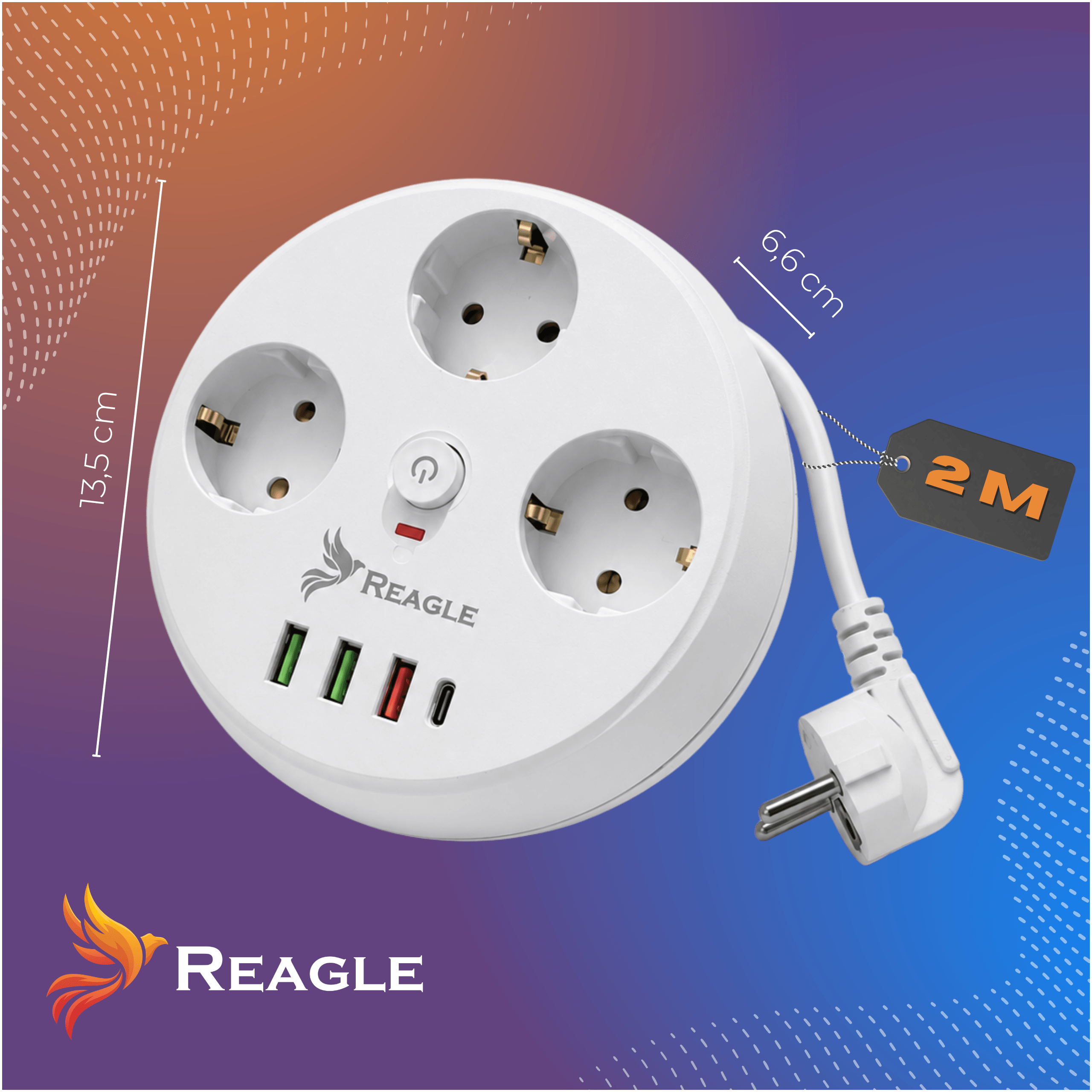 Listwa zasilająca 2 m 5 gniazd 4x USB biała zwijana