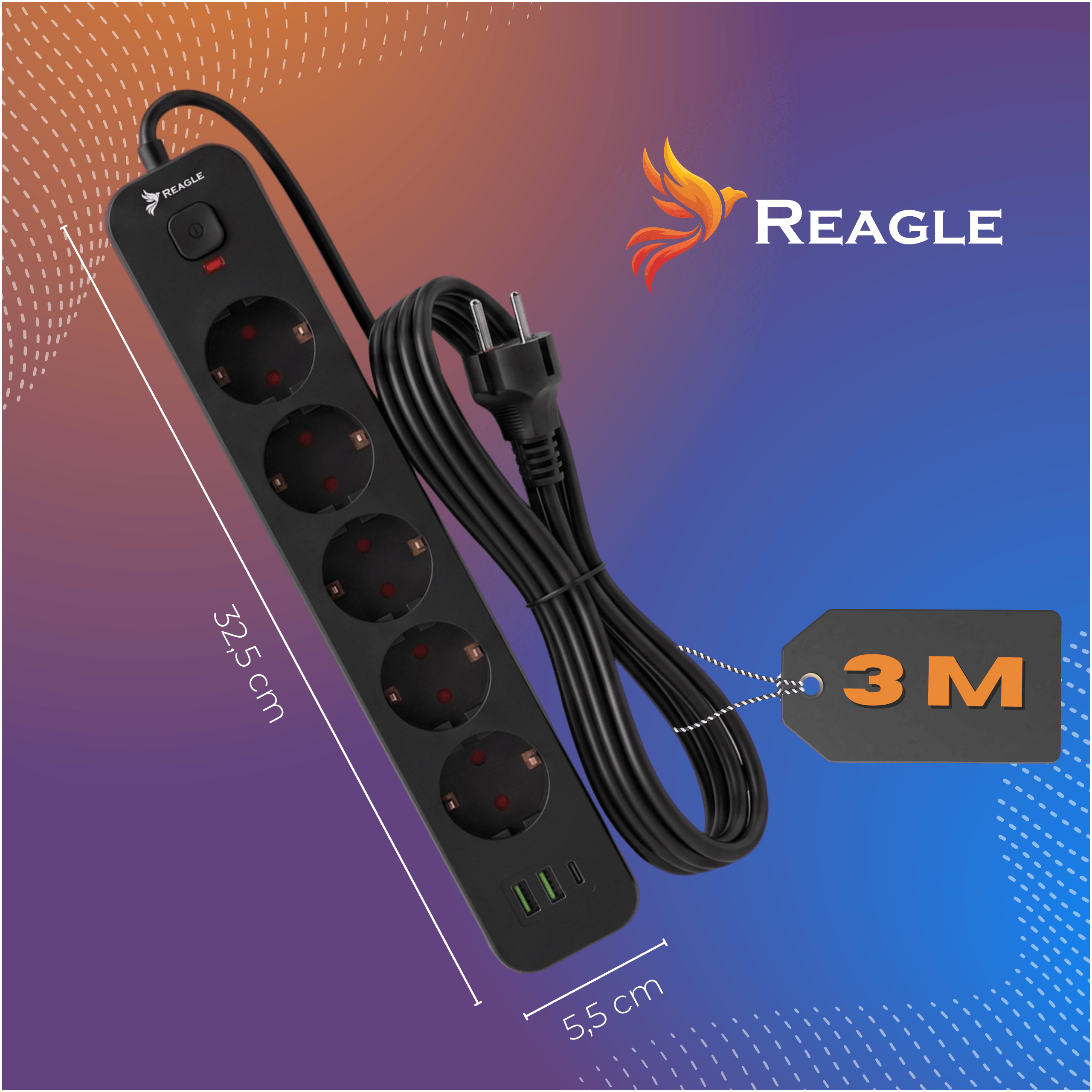 Przedłużacz 3 m 5 gniazd 3x USB czarny – specyfikacja techniczna