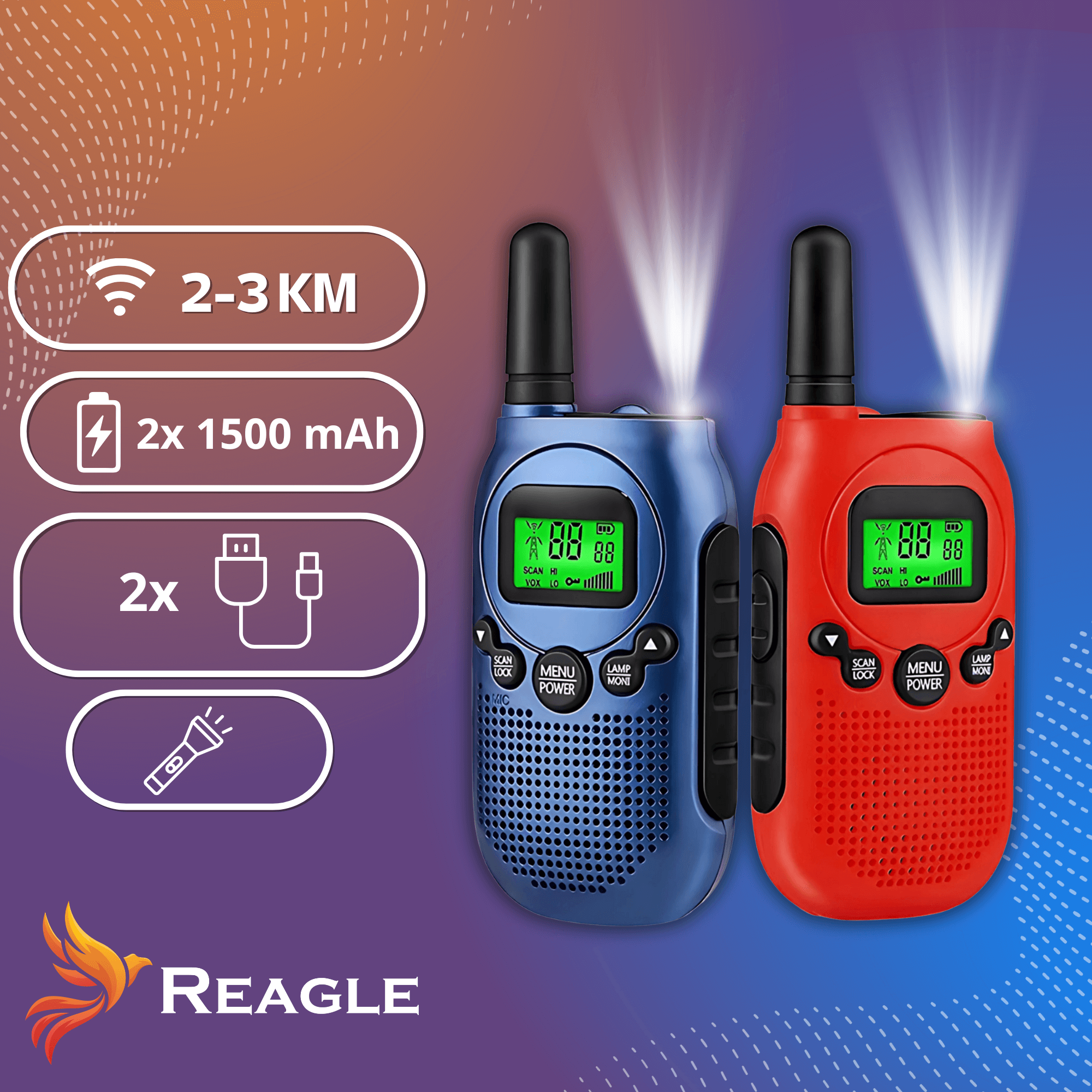 WALKIE TALKIE KRÓTKOFALÓWKI 2x ŁOKI TOKI DUŻY ZASIĘG DO 3KM PMR 1500mAh VOX REAGLE_2