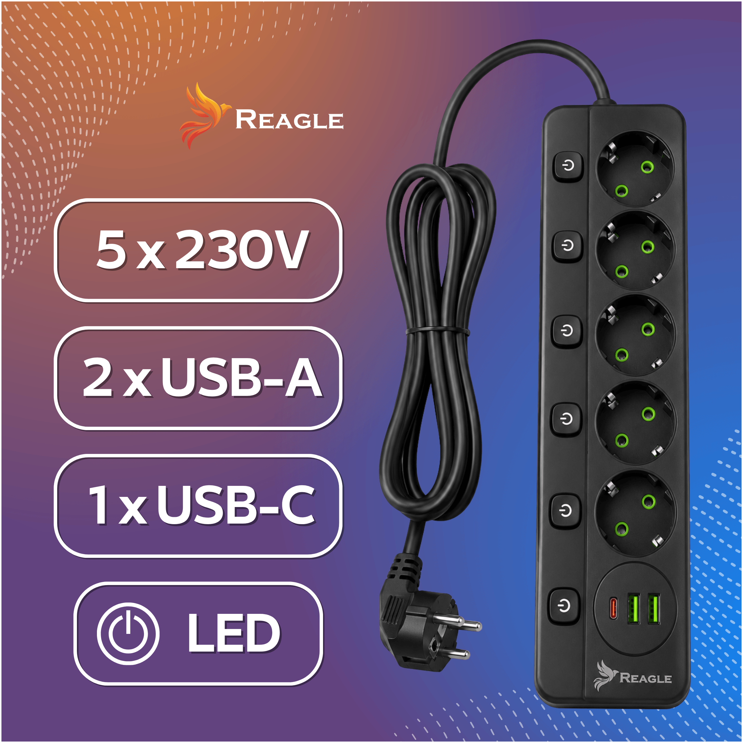 Przedłużacz 3 m 5 gniazd 2x USB 1x USB-C czarny
