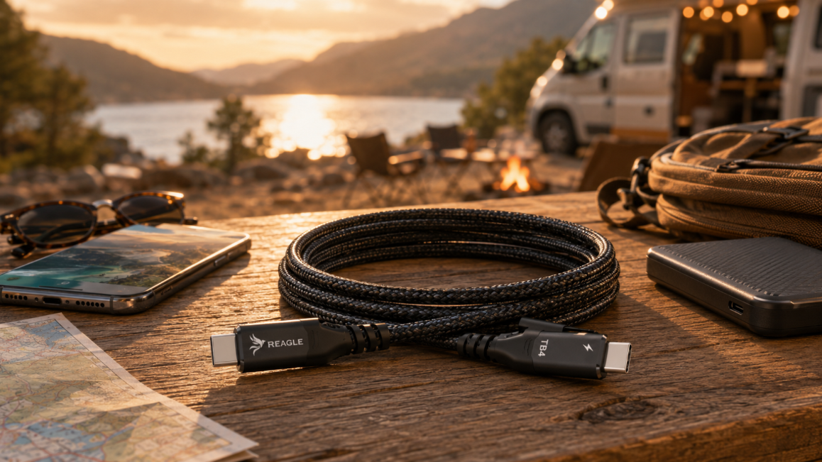 Kabel USB-C Reagle w podróży z powerbankiem i telefonem