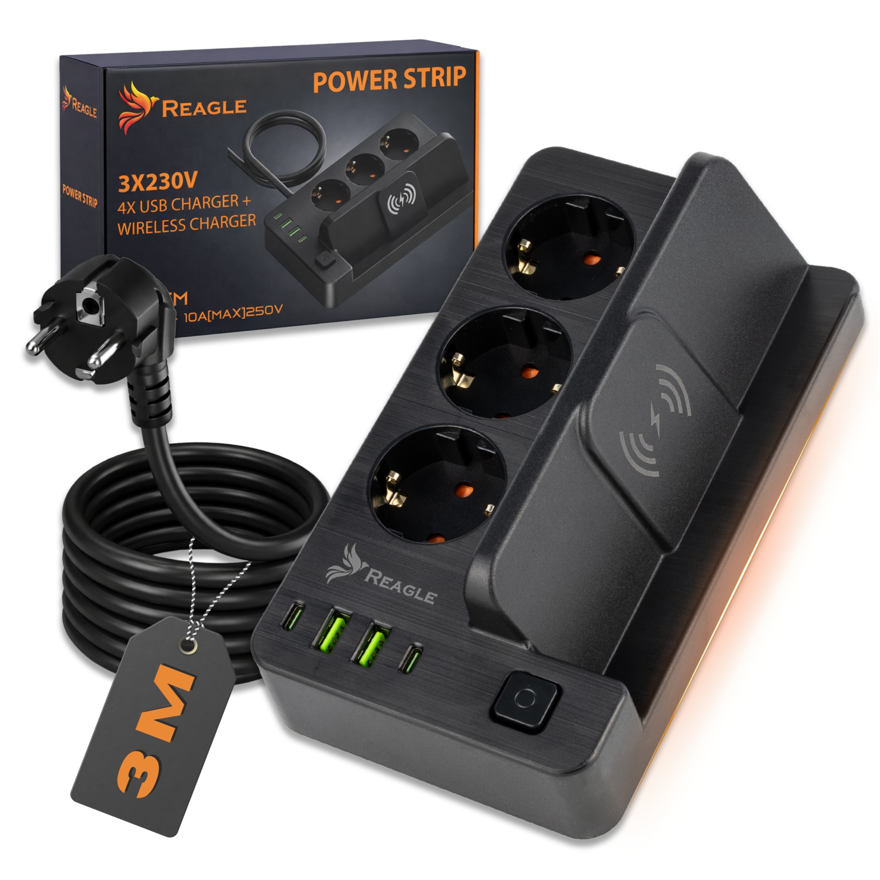 Reagle RSTRIP32 listwa zasilająca 3 m 3 gniazda 2x USB 2x USB-C ładowarka indukcyjna