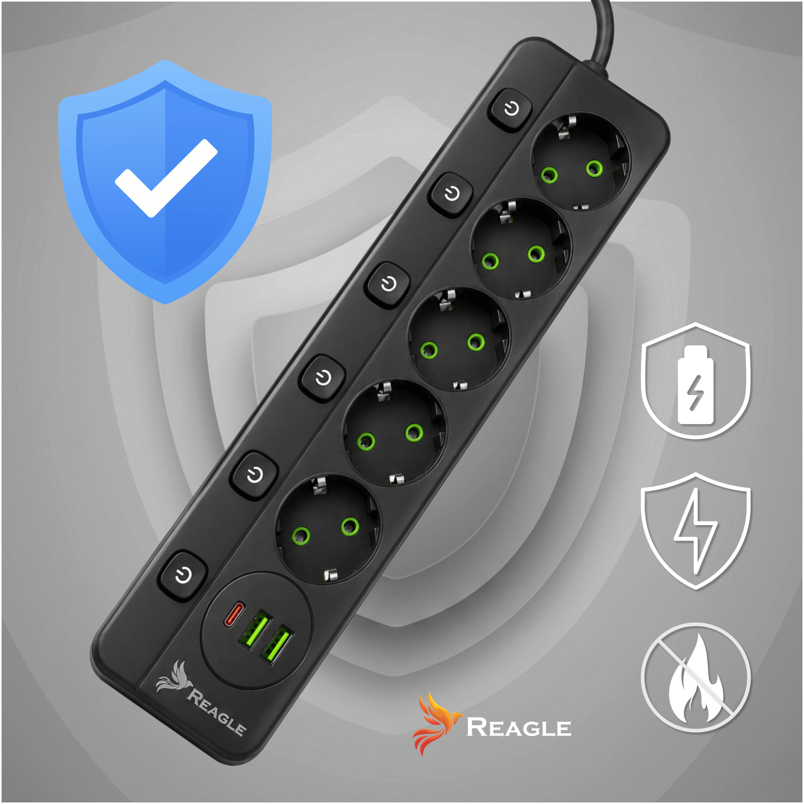 Przedłużacz 3 m 5 gniazd 2x USB 1x USB-C czarny – bezpieczna listwa zasilająca
