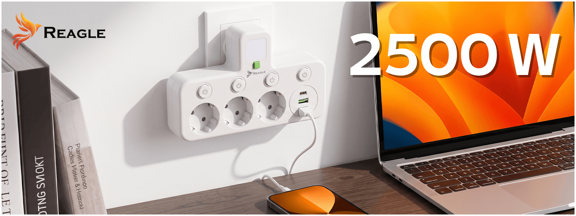Priza multipla de perete Reagle RSTRIP23 3 prize 230V 2 USB-A 1 USB-C lampa LED alba