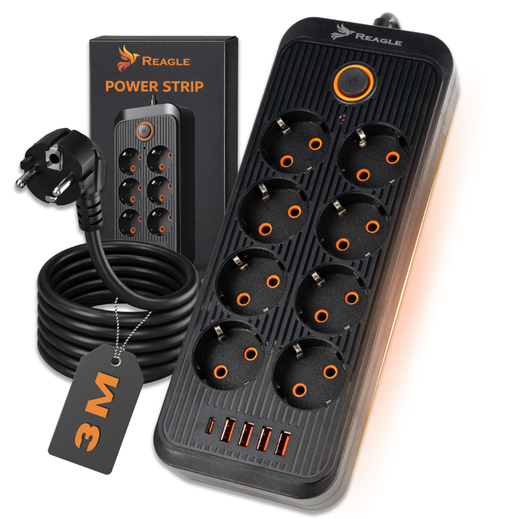 Reagle RSTRIP81 listwa zasilająca antyprzepięciowa 3 m 8 gniazd 4x USB-A 1x USB-C