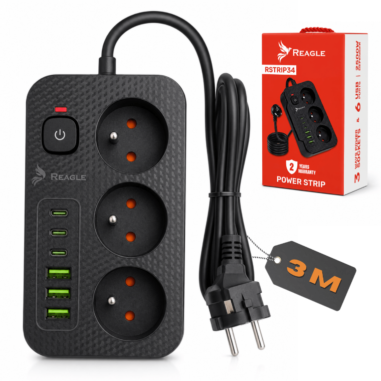 Listwa zasilająca 3 m 3 gniazda 6x USB antyprzepięciowa biały