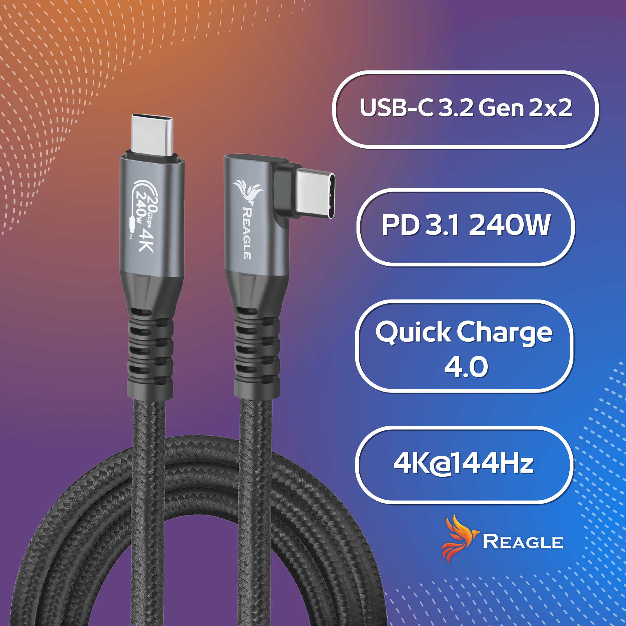 REAGLE Kabel USB-C 3.2 Thunderbolt 4K 60Hz QC 5A PD 100W Kątowy 10 Gb/s 3M_2
