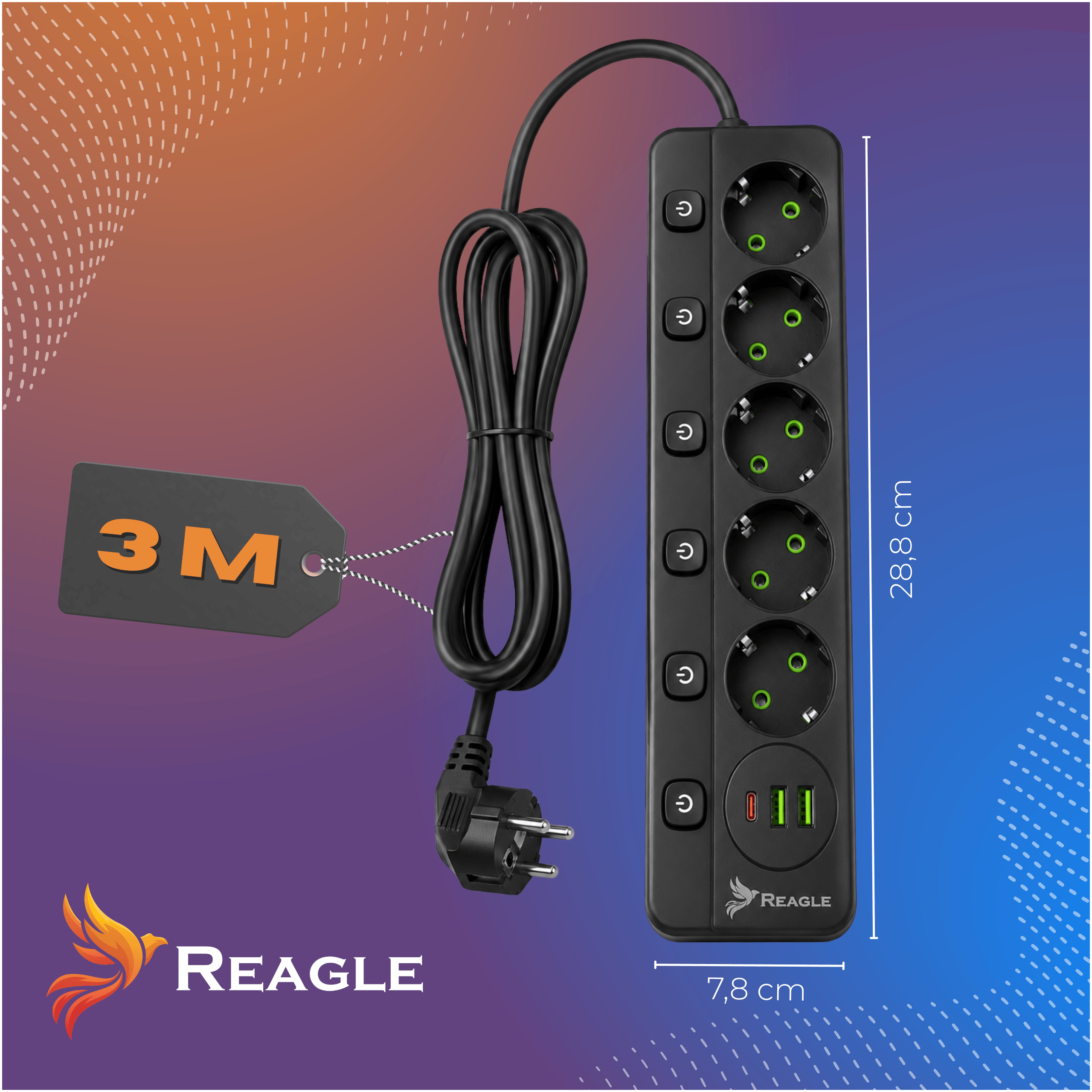 Przedłużacz 3 m 5 gniazd 2x USB 1x USB-C czarny – specyfikacja techniczna
