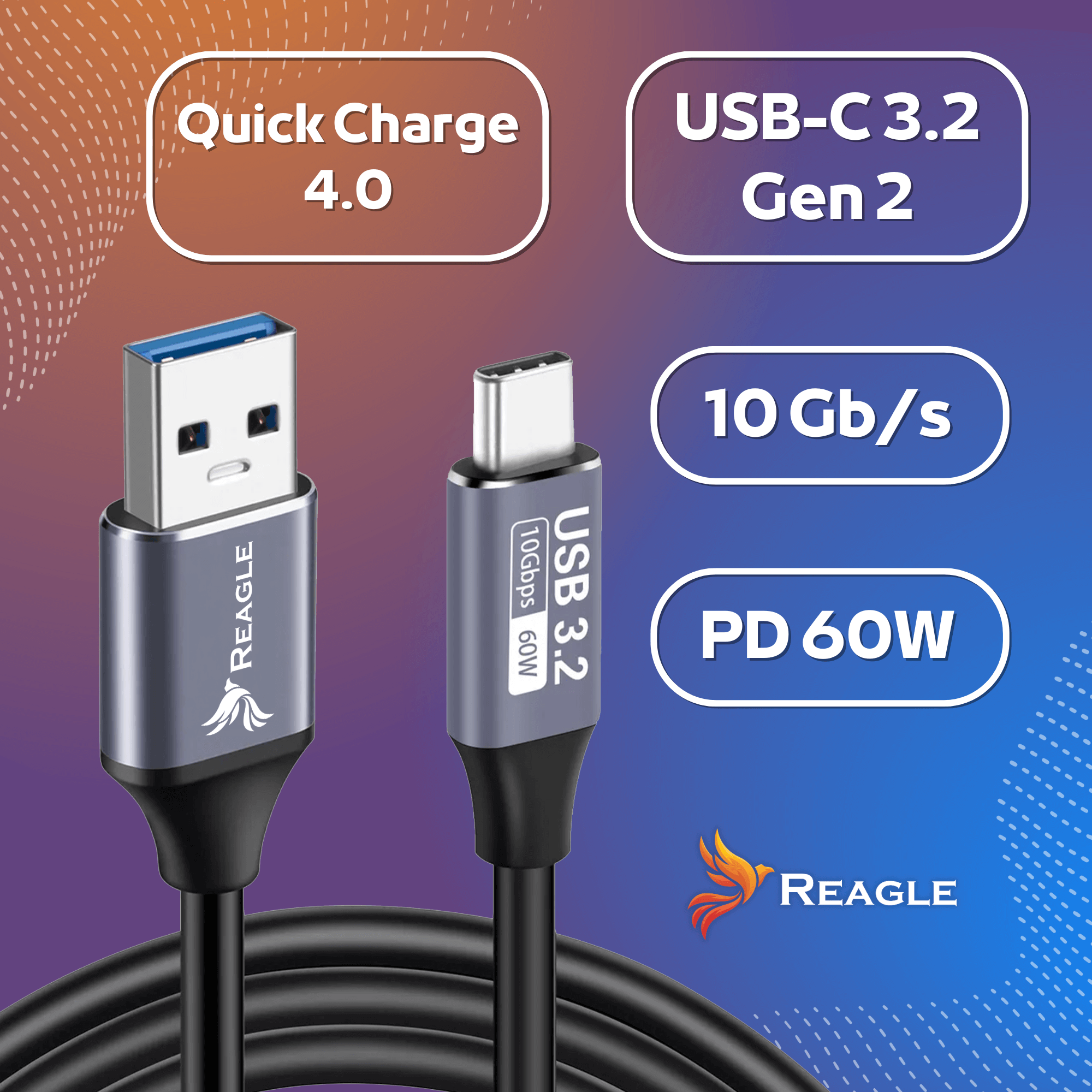 KABEL PRZEWÓD USB C 3M 3.2 Gen2 10Gbps SZYBKIE ŁADOWANIE PD 60W USB-A QC 4 REAGLE_2