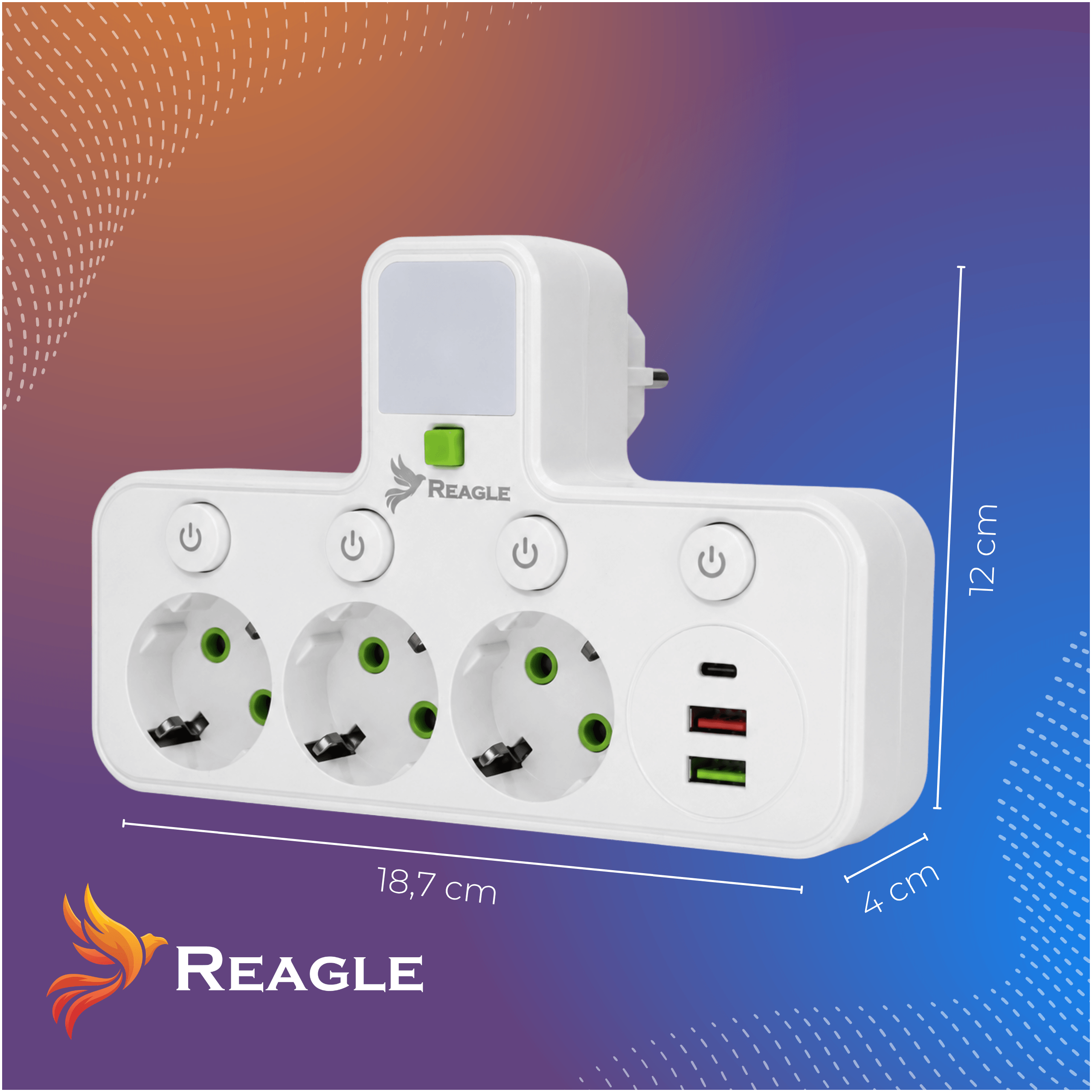 Listwa zasilająca 3 gniazda 230V 3x USB z lampką LED biały
