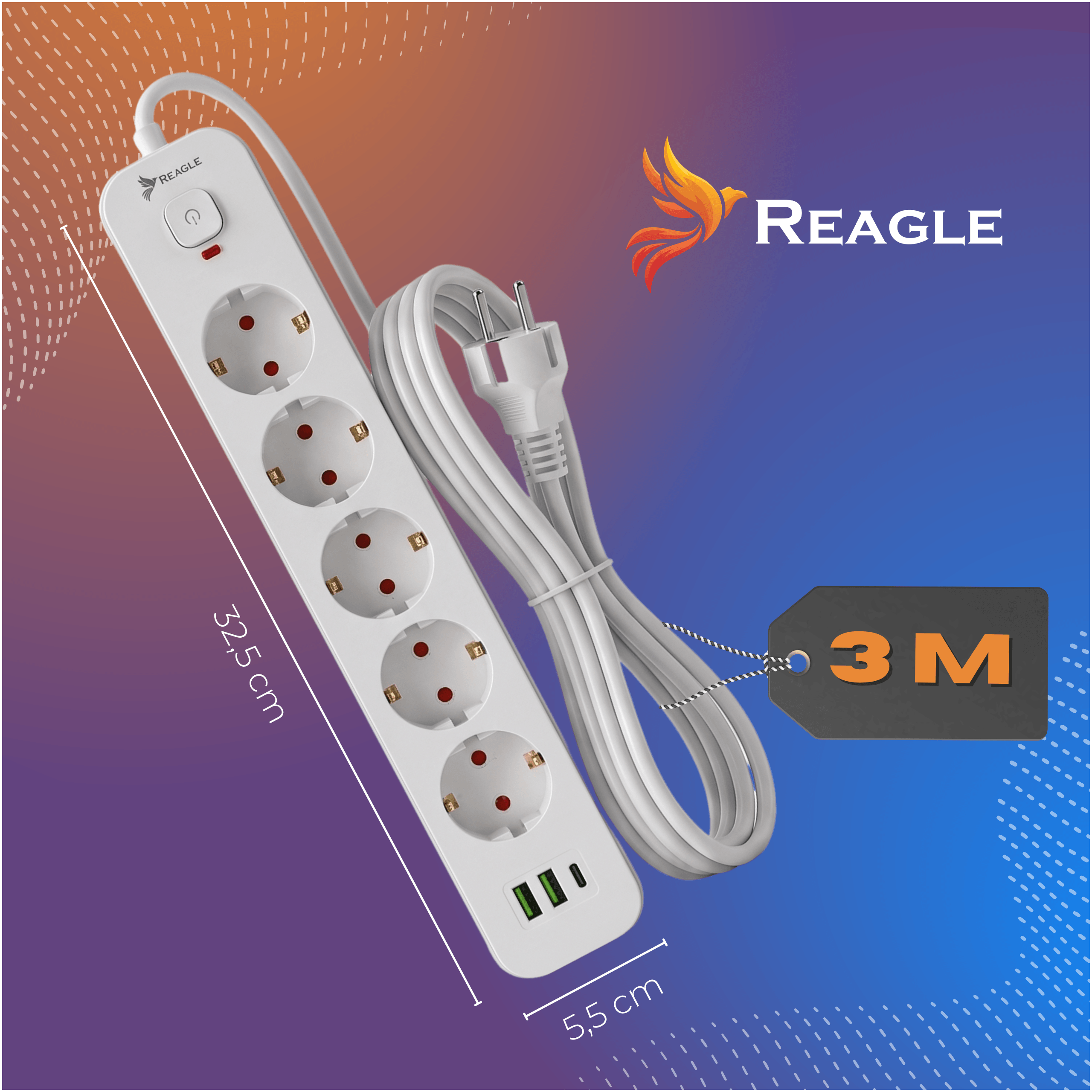 Przedłużacz 3 m 5 gniazd 3x USB biały