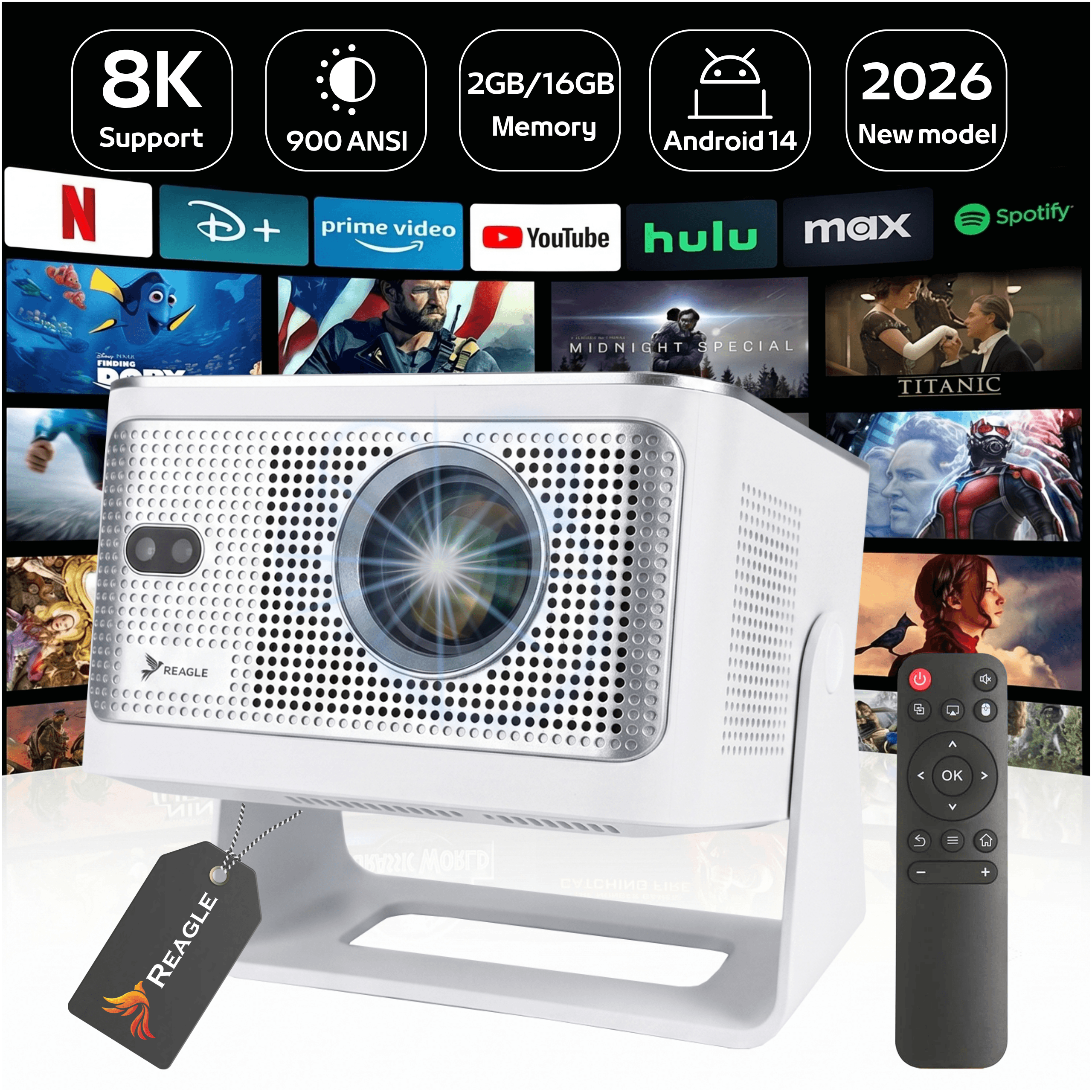 Projektor LED 900 ANSI 8K 4K Android 14 Smart TV Wi-Fi 6 biały