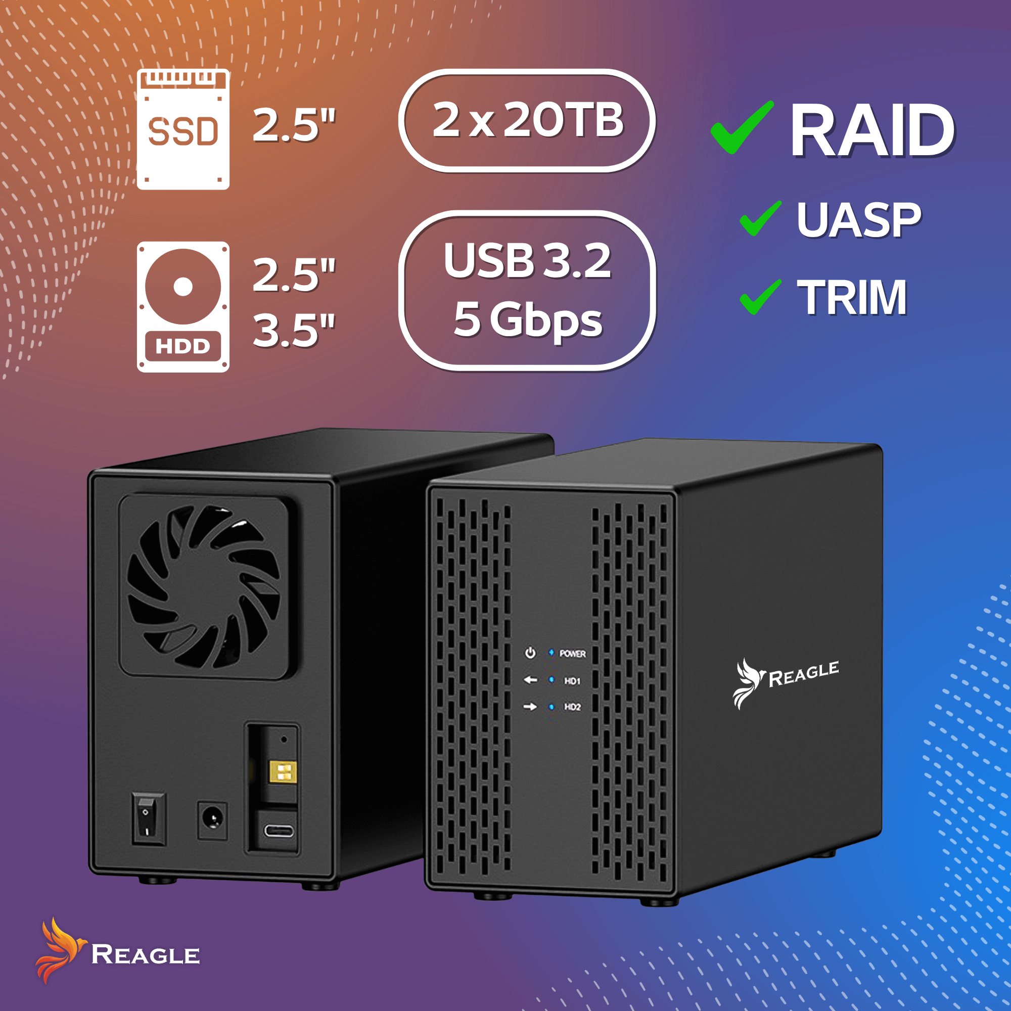 OBUDOWA DYSKU HDD SSD 2x 3,5" SATA III USB 3.2 KIESZEŃ RAID JBOD PM DO 40TB_2