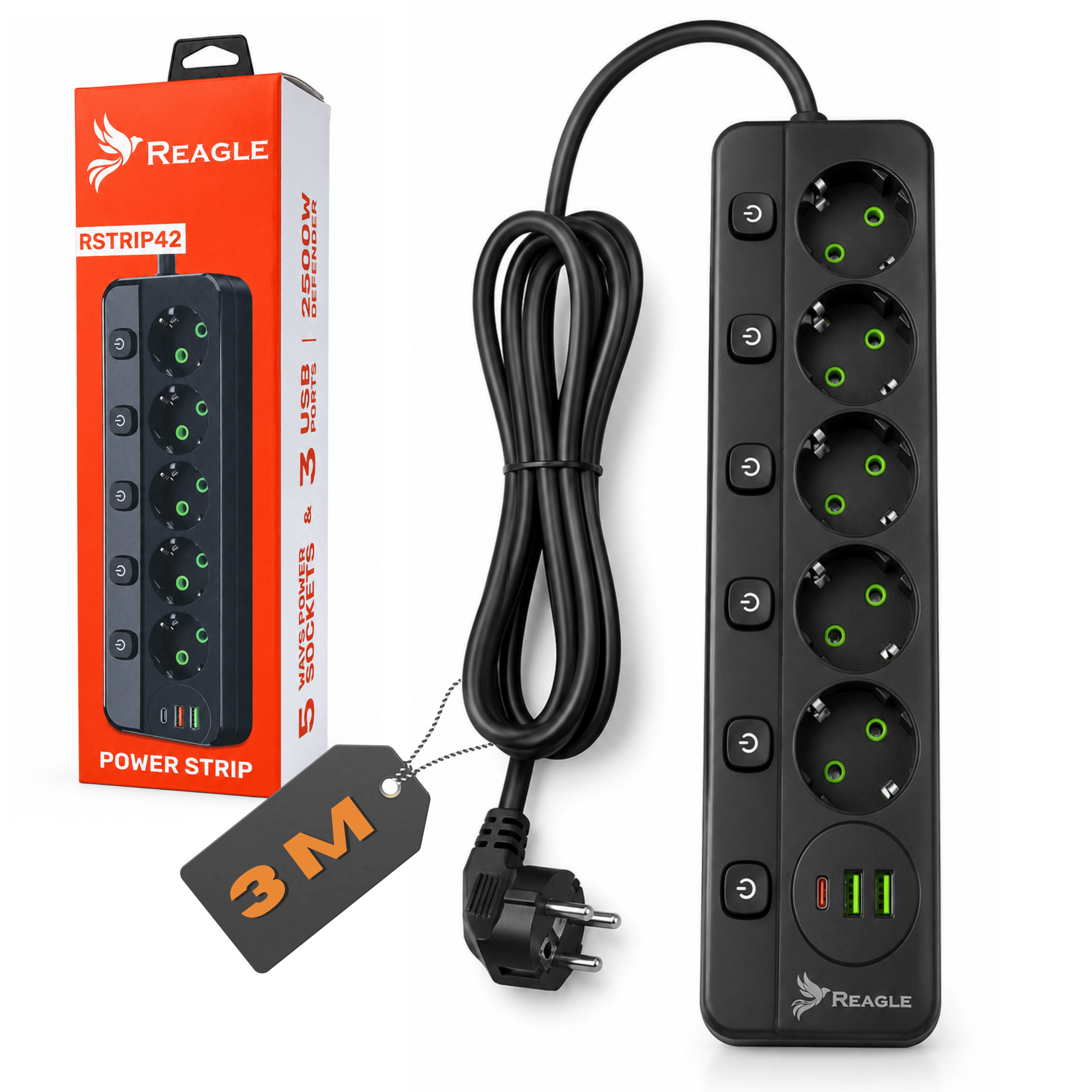 Listwa zasilająca 3 m 5 gniazd 2x USB 1x USB-C czarna